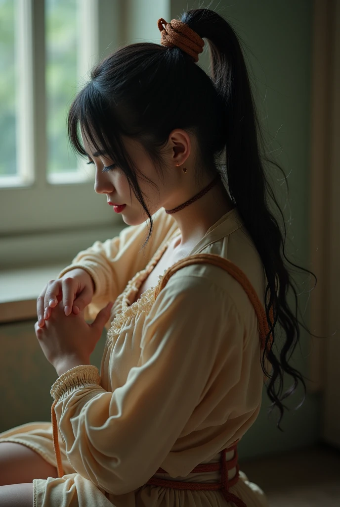 Windows in the house　Crying girl waving her hand　Tears are falling