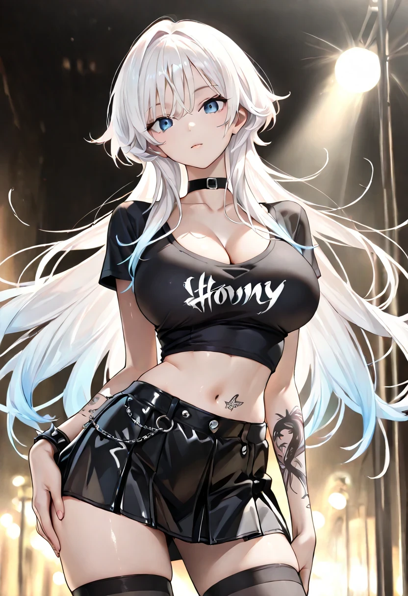 slender body, Slim waist, Her long limbs are like a model , hand on own ass, (black White White hair, gradient hair), top quality、 ( professional lighting without shadows )、 Surreal, is fascinating、figure like a slender supermodel、 1 girl, ( big breasts, Belly button exposed), ( flat at honny, beautiful skin)), (明るい and beautiful blue eyes ,(( Wolf cut, long hair ))), ( black mini tight skirt , black u neck t-shirt, cleavage visible ,(( punk style fashion))) , Knee High Socks, ((tattoo))