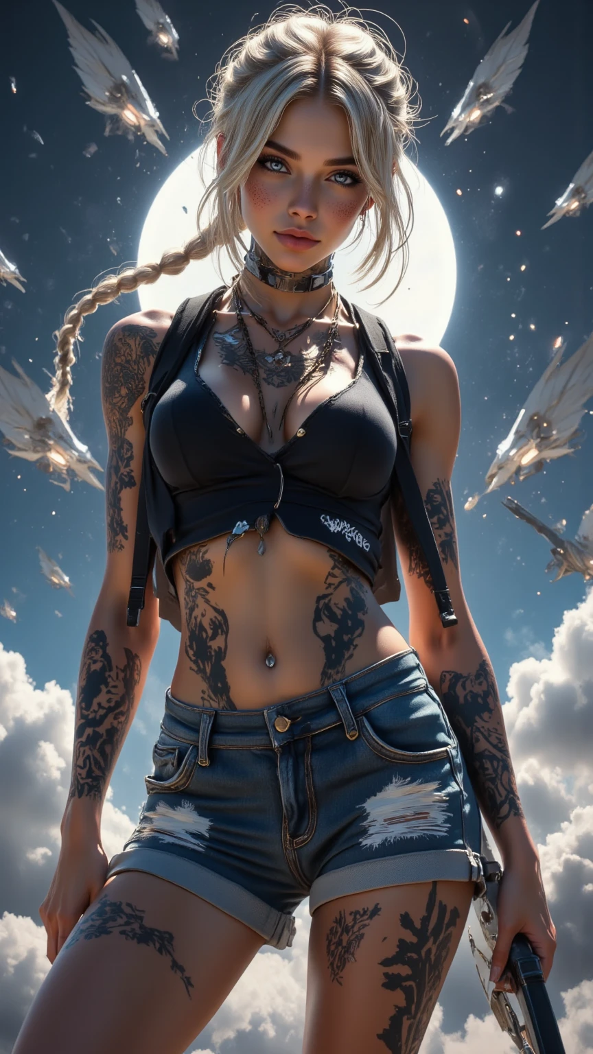 (masterpiece, top quality, best quality, official art, beautiful, cosmic, atmospheric, psychedelic, dreamlike, swirling psychedelic cosmic graffiti patterns and aesthetic:1.2), (1girl, neon white mohawk hair, beautuful highly detailed Harajuku-inspired hooded punk rock hip hop clothing torn skinny jeans, tons of tattoos and piercings, super huge enormously gigantic tits, cleavage showing), extreme detailed,(fractal art:1.3),colorful,highest detailed, cherry blossoms and butterflies blowing in the wind