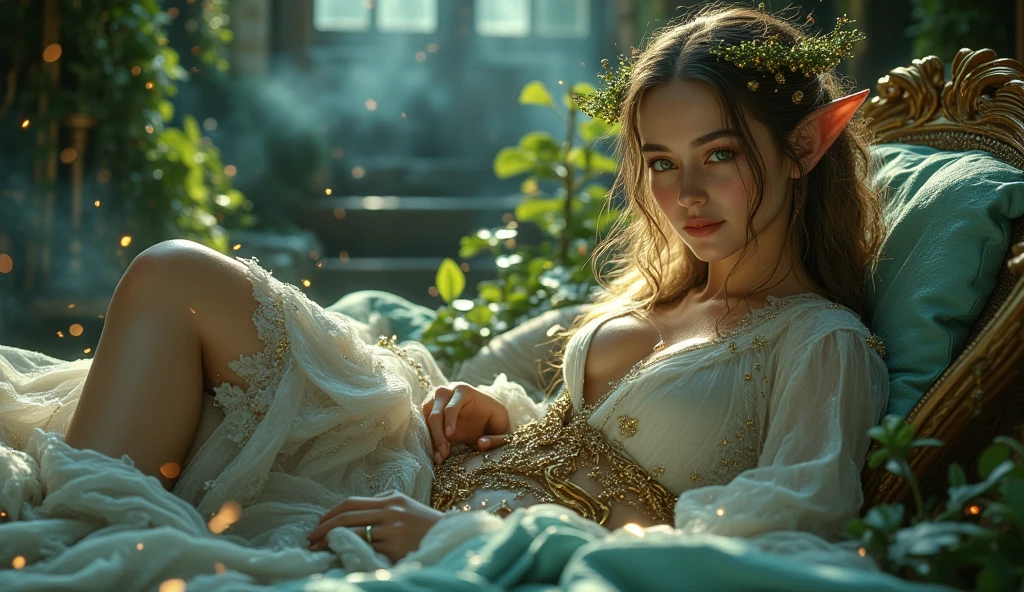 32k, Masterpiece, Highest quality, One girl, Brown Hair, Detailed eyes, flower,Amaryllis, Blue and green style,A dreamy, romantic piece,Pale yellow, Mysterious Leaves,A playful arrangement,Fantasy,High Contrast,Ink strokes,explosion,Exposure, Impression of blue and green tones,Abstract, Brush strokes,Negative Space, Tyndall effect