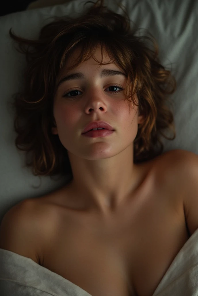 Emma watson、sexy lady、Lingerie、hands folded behind the head、Lying in bed､Open mouth、Tongue out、Slimy tongue、sodden、Sweaty、Liquid splashed on the face