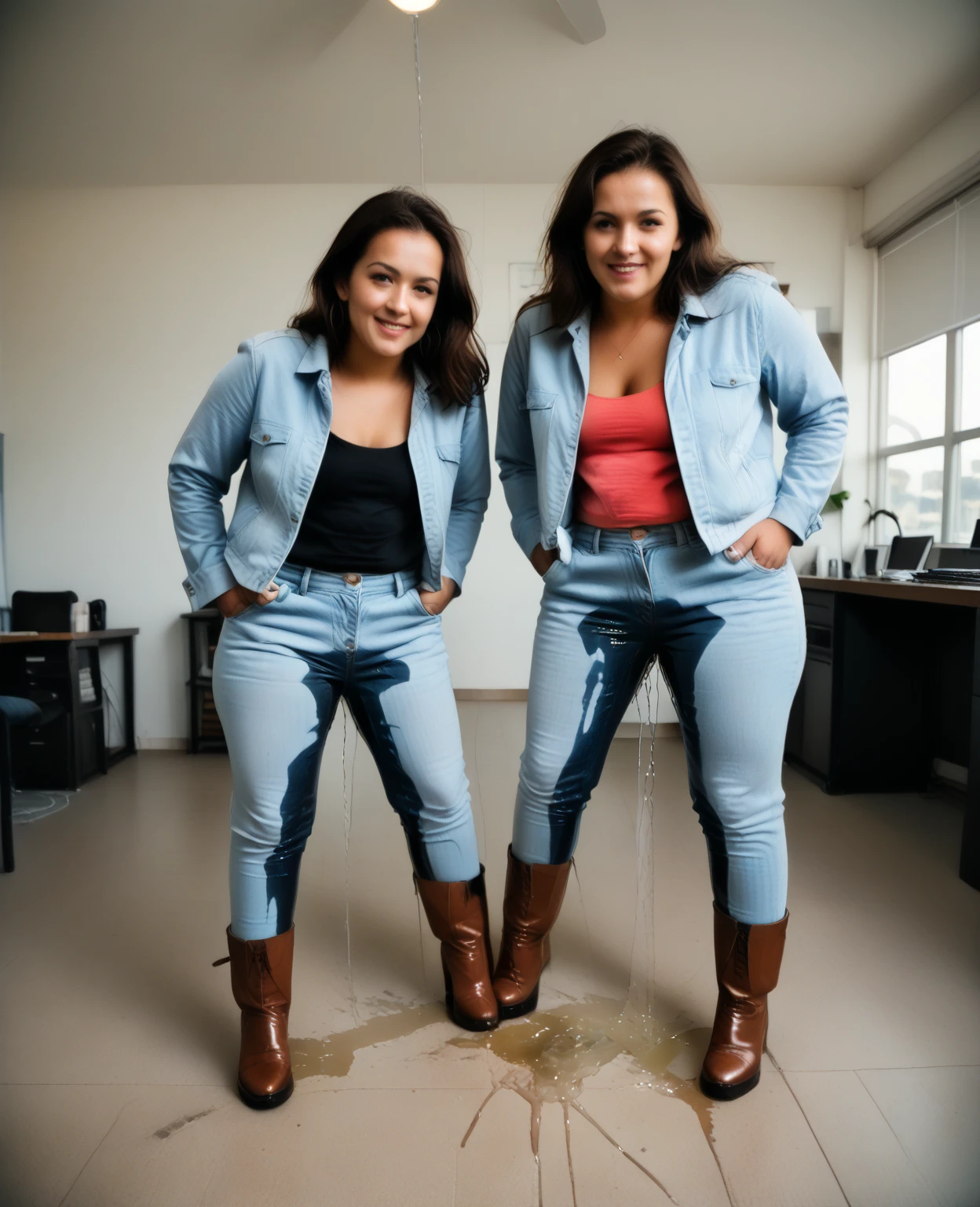 ((two tall blonde women kissing)), (( skinny jeans)), high heels, t-shirt, big smile, standing in an office, show heels, pee stains on legs of jeans, pee stains on hips of jeans, (((full view))), full body view, wetting self, standing in puddle of pee, grabbing breasts