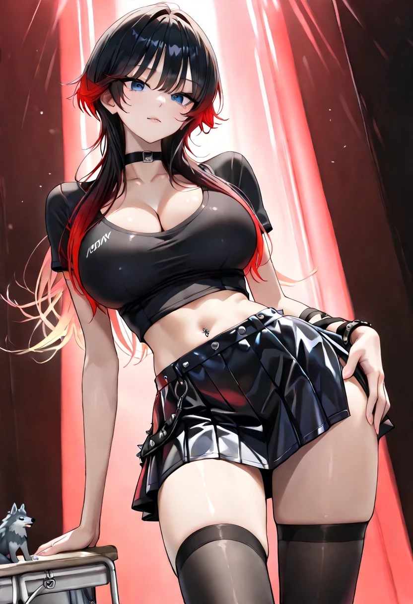 Miniskirt,Red hair,Evil smile,thighs thighs thighs thighs,Curve,Fighting stance,Thin abs,1 girl,Trained body,Stomach,Bare legs,bikini