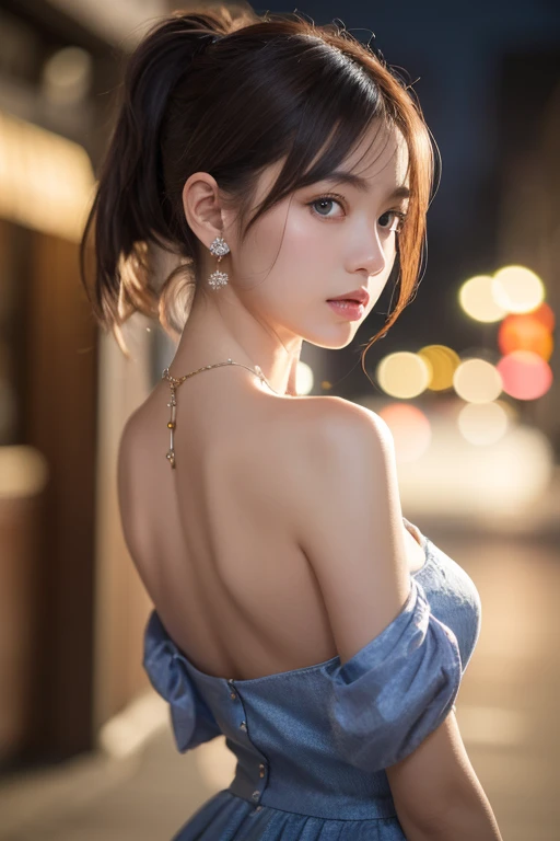 a girl、from below, (whole body, Standing), シングル編み込みの茶髪のponytail, Parted bangs, gray hair、Charming eyes、Quick way、ponytail、lips fuller、camisole dress、beautiful skin、Small Breasts、Small Breasts、night、Against the backdrop of a spectacular night view、You can see the night view in the distance、original photo、best quality、ultra High resolution、High resolution、masterpiece:1.3、8k、Professional photographer