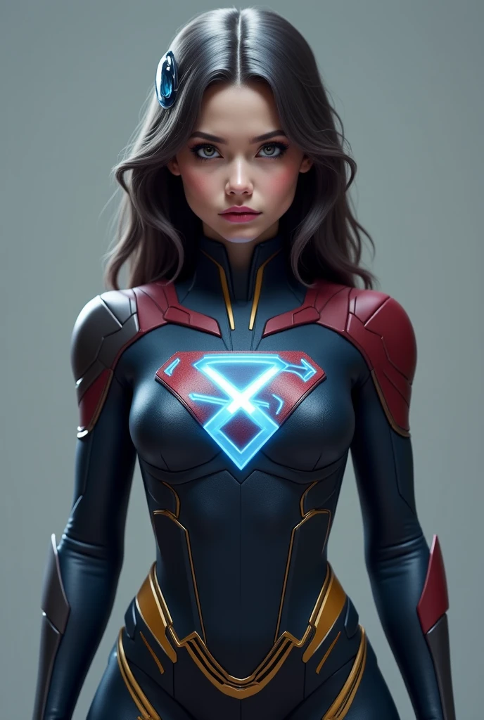 Create a realistic illustration of a unique and powerful superheroine. It should be inspiring and represent strength, courage and determination. Imagine a character with extraordinary abilities and a distinctive costume with two "s" como simbolo que reflete sua personalidade e poderes. Detail the appearance of the superheroine, com cabelos claros, olhos castanhos claros, A confident smile and cheerful expression. Levante-a na frente, destacando sua postura heroica. No fundo, Create a scenario that represents an advanced Internet technology environment. It could be a high-tech lab or a modern cityscape. Be sure to incorporate elements that underscore the scene of detail to convey the idea that this superheroine is ready to take on challenges in a technology-driven virtual world. A paleta de cores deve ser vibrante e futurista, adding a touch of modernity to the presence of IT technology, Like a futuristic office, holograms or innovative technological devices. compositing. Emphasis on the interaction between the superheroine and the technological environment around her, creating a captivating visual narrative that underscores their heroic mission in this modern context.