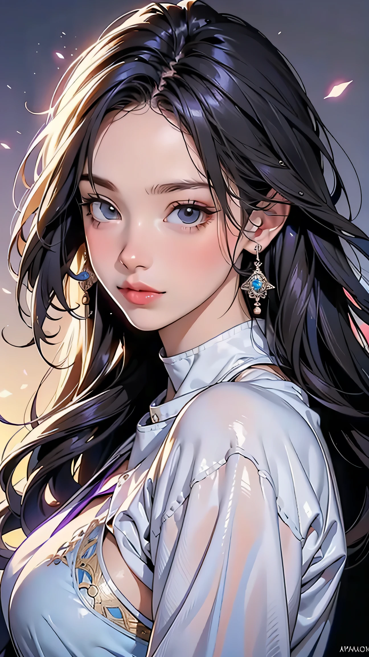 masterpiece, best quality, BEAUTIFUL DETAILED HAIR AND DETAILED FACE, Perfect Feminine Face at Lily Flower Farm, (happy:1.2), open your mouth, smile, (close-up portrait:1.2), Focus on Your FACE, Beautiful and cute Warframe woman with glowing purple hair, purple neon lighting , ( Sci-fi Cyberpunk Bodysuit ), Alone, 1 girl, stupid hair, side hair, very long hair, shiny skin, Shiny Forehead , lens flare, sharp concentration, Volume Lighting, Popular on Artstation, ピクシブ, by sakimichan, George Kamitani , Akira Yasuda, Alphonse Mucha, Greg Ratkowski, Gil Elvgren, William Adolphe Bouguereau, Thighs, thick legs, big butt, rich style