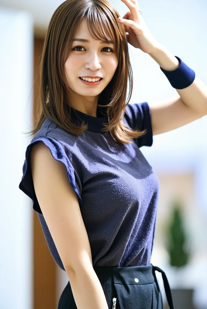 masterpiece, best quality, highres, nami (one piece), Indonesian girl,Sweat dripping, long hair, orange hair, low ponytail, hair bow, blue bow, brown eyes, collarbone, ,deep-v, Forward bending pose, sleeveless, bare arms, bracelet, sash, obi, standing, cowboy shot, smile, outdoors,nami (one piece),blue tatto on arms,big breast,milf face,milf body, big ass.