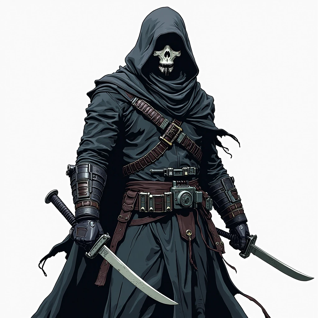 in the style of sk3ll3t0n,1boy,assassin,ninja,thief, mystical person,hood,rogue outfit,white skull,((simple background)),gray background,