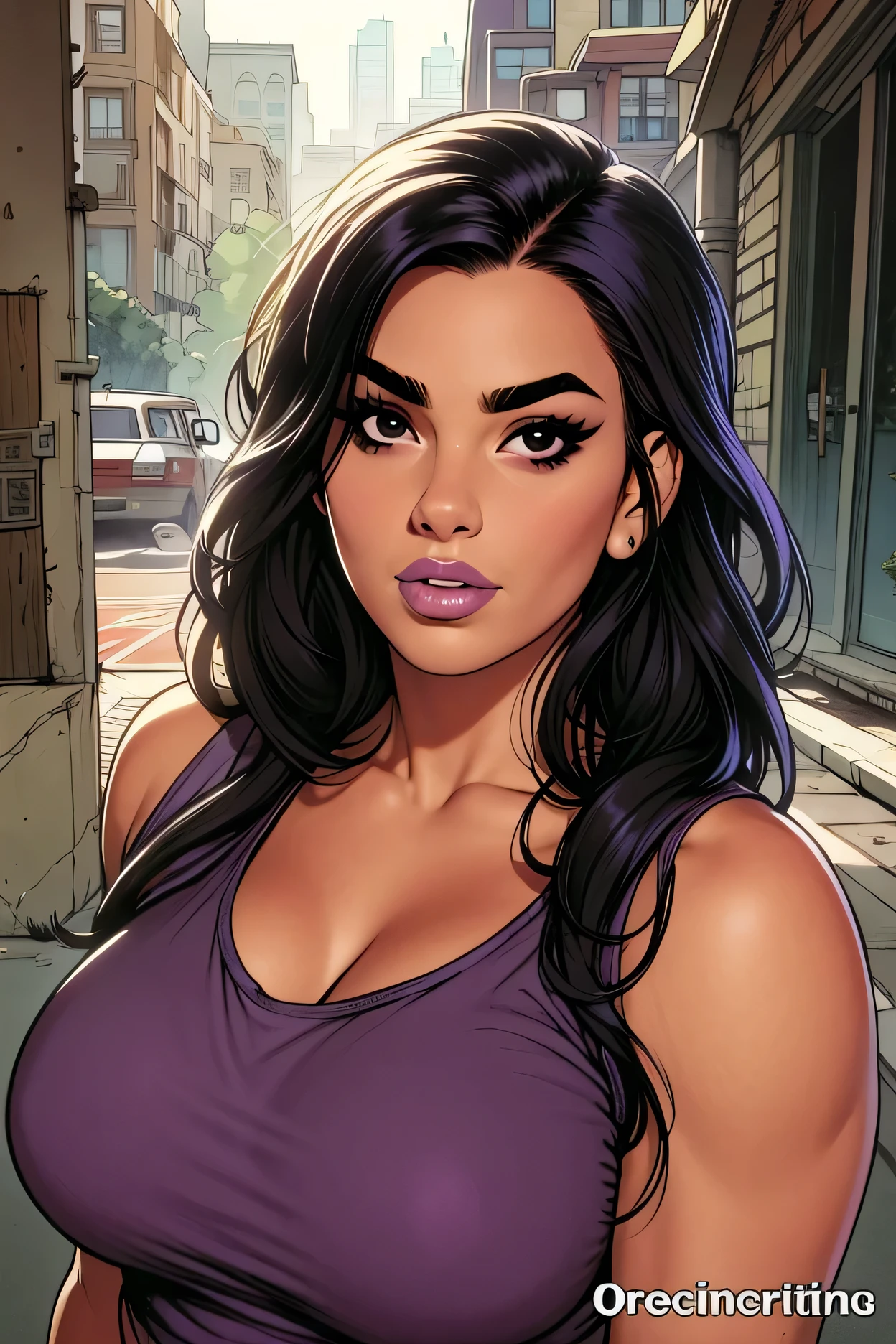 (perfect face), black hair, long hair, black eyebrows, (natural eyebrows), black eyes, black eyeliners, nose, lips, thick lips, parted lips, large breasts, (tank top), (purple tank top), ((looking at viewer))