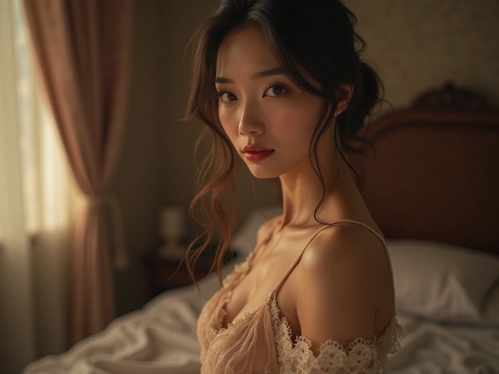 1 girl, Best quality, masterpiece, ultra high res, (photorealistic:1.4), raw photo, 1girl, see through spaghetti strap shirt, cinematic lighting, half body view, half body shot, bedroom, nude but covered by blanket, long ponytail, Whimsical lighting, Enchanted ambiance, bokeh, Dreamy decor, Whimsical lighting, Enchanted ambiance