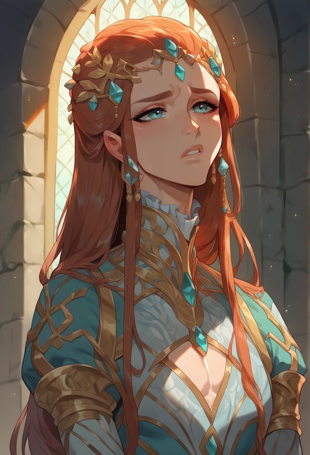 A beautiful young Greek princess with long flowing hair, piercing eyes, elegant facial features, and a serene expression, (anime style), detailed face and body, intricate jewelry and ornate dress, standing in a lush, mythical Greek landscape, sunlight filtering through the trees, warm color palette, photorealistic, high detail, cinematic lighting, masterpiece