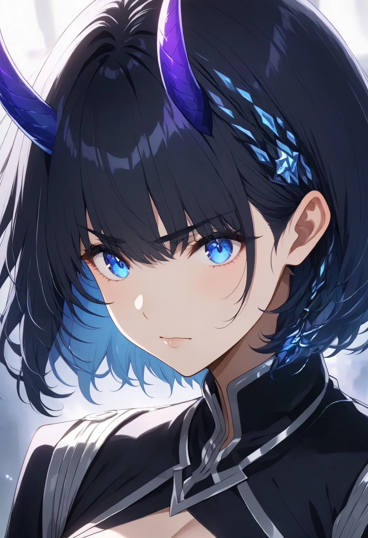 solo,Devil Girl、midnight、Negative、black hair、Blue pupil、purple Devil's Horns,short hair,サキュバス、エロ、ドレス