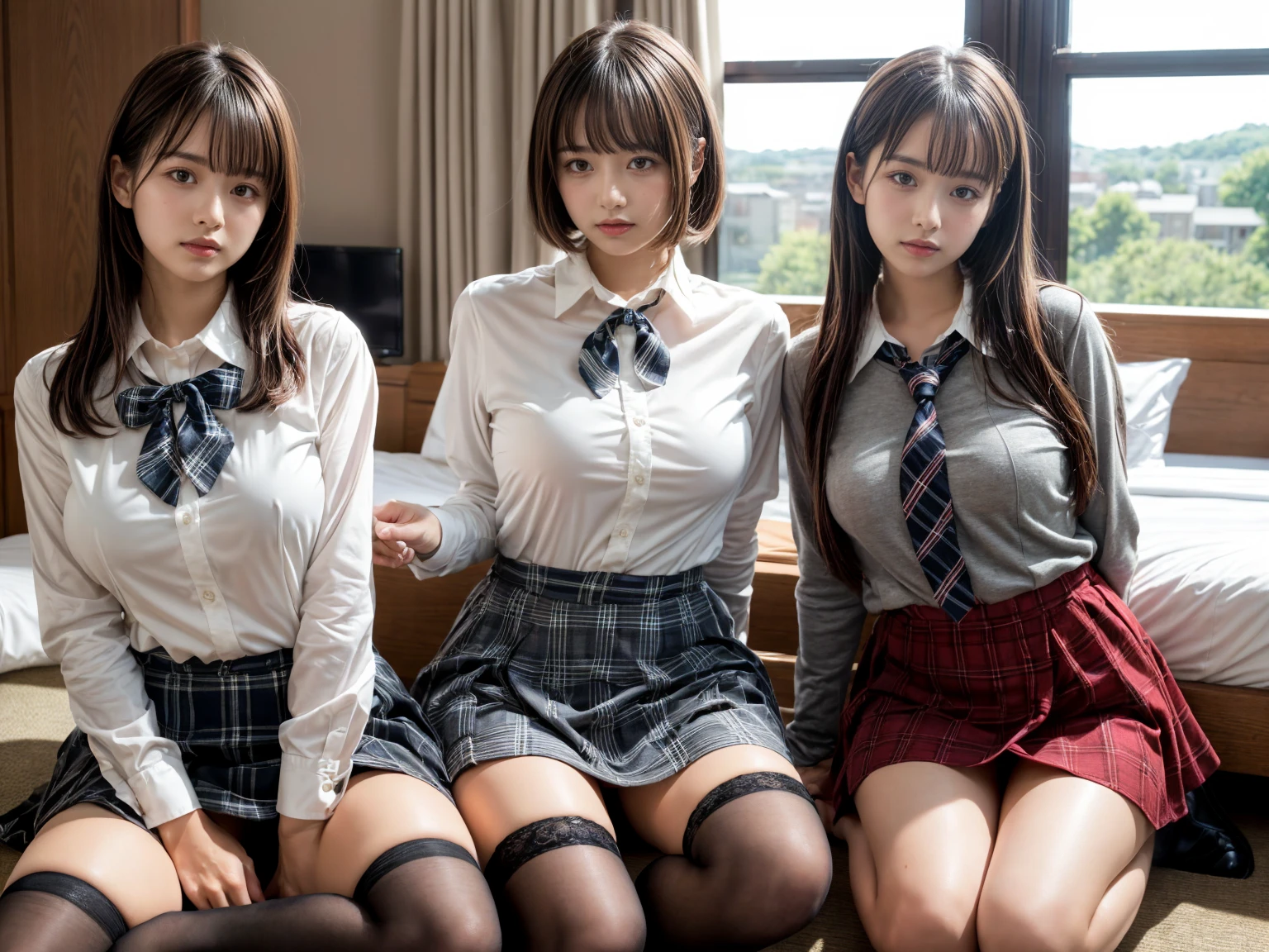 masterpiece, best quality, illustration, Super detailed, fine details, High resolution, 8K,wall paper, perfect dynamic composition,(Details High quality, realistic depiction of eyes:1.3), (2 girls), (white school shirt :1.2), (plaid skirt :1.3), tie black, black thigh-high stockings, sitting, open legs, short bob hair, in a hotel room in the background, deep on field, large breasts, black hair color, Big Natural Color Lip, (perfect body shape), crying a little、Harajuku style、20 year old girl、cute type、beautiful legs, Gravure Idol
