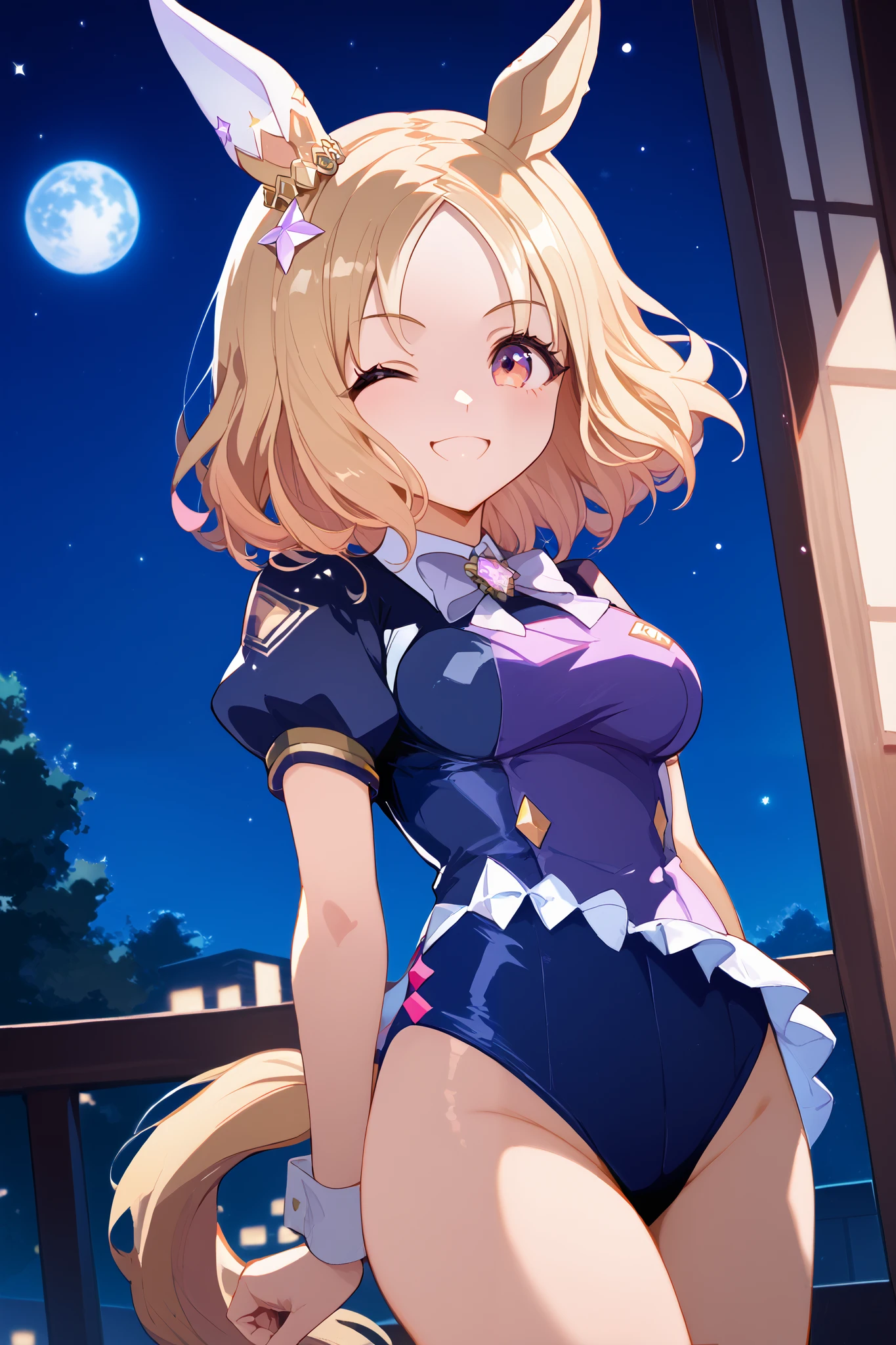 Narita, horse tail, short hair, animal ears, ear ornamen,t, ear covers, single ear cover,((blonde hair)) 1 girl, Alone, anime style,cute girl,best quality, super detailed, anime style,8k, high resolution, detailed images,precise face,cute face,((black high leg bunny girl costume)),(looking here),((Wink and laugh)), closes the mouth,and my cheeks are dyed slightly red,((medium breasts)),(( standing)),((with one hand on the waist)),room,image seen from the front,(Close-up image from the front ),((Precise upshot)),((character up image)),night,Moon and stars outside the window,(smooth thighs),((An upshot from the thigh)),( slightly thicker thighs),(An image of the upper body from the thigh),high quality of wavy lines,high image quality,precise face,