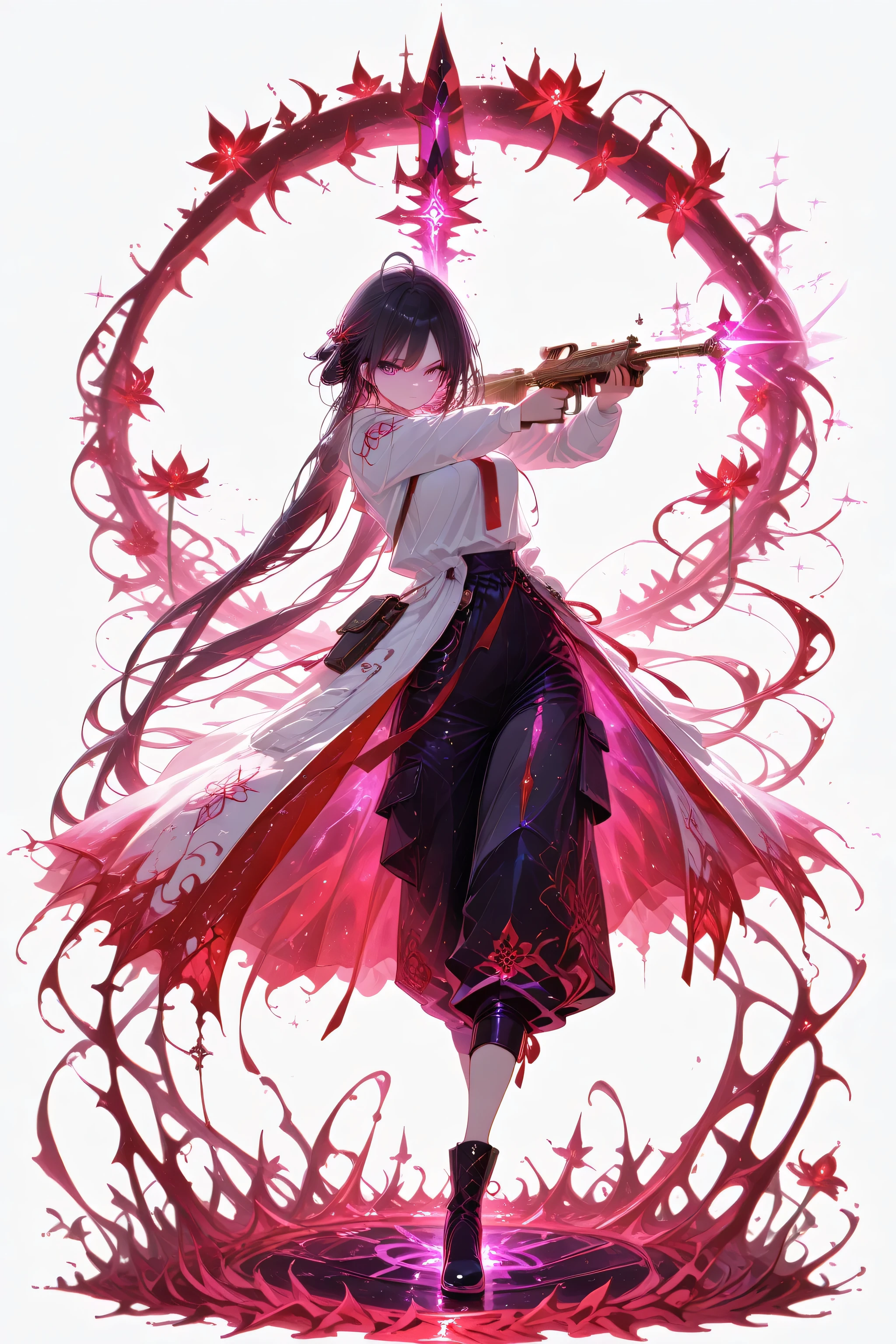 (masterpiece, best quality), amazing quality, very aesthetic, absurdres, newest, HDR, 8K, high detail RAW color art, gacha splash art, 1girl, purple eyes, multicolored eyes, black hair with pruple streaks, very long hair, medium breasts, long sleeves, black corsett, black cargo pants with side pockets, black boots, solo, dynamic pose, holding a gun, cool pose, ((red vines on weapon)), surreal, white background, blood, splattered bood, red spider lilies, magical, fantasy, magic, glittering, glow, chromatic aberration, glowing particles,