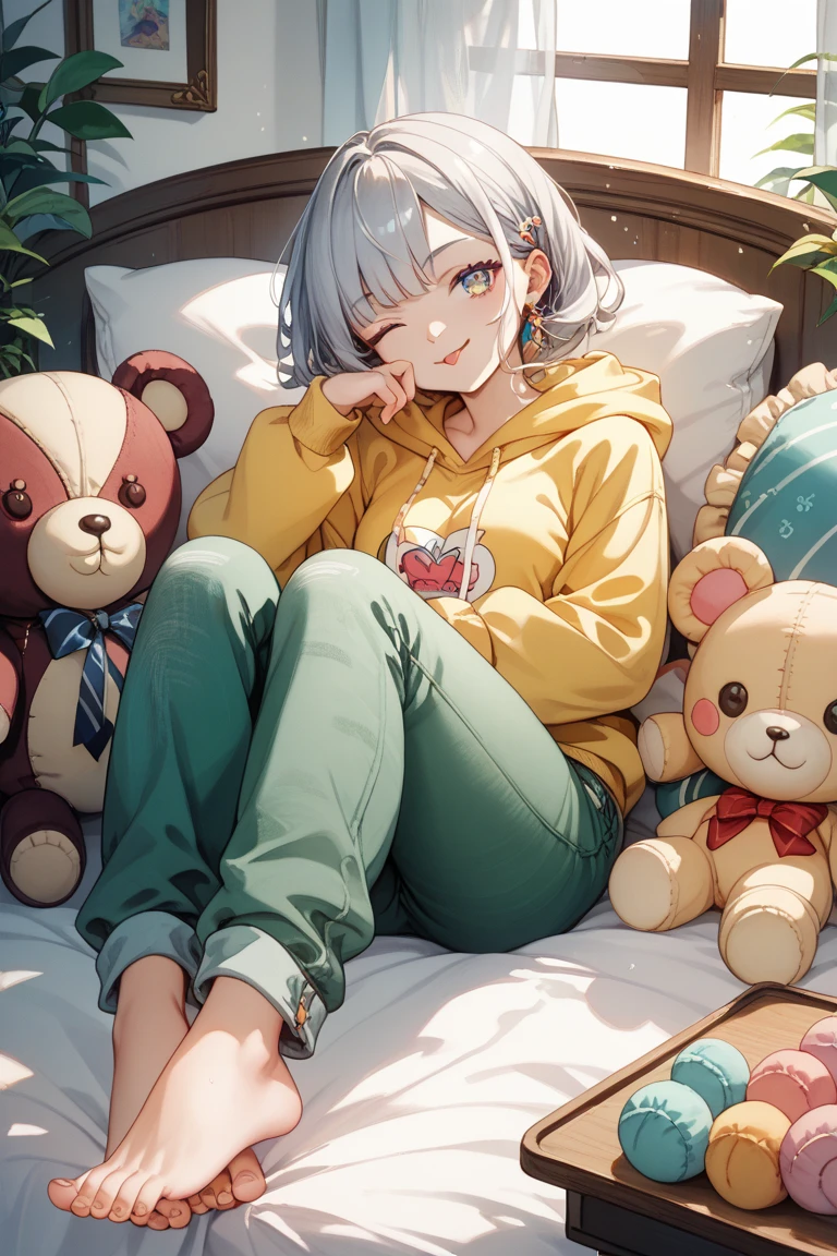 (masterpiece), Short hair, green hair, golden eyes, laugh, Pajamas, Ahoge, dehisce, bare foot, pillow, black hair, in the stomach, Short hair, bed, lying, book, one piece