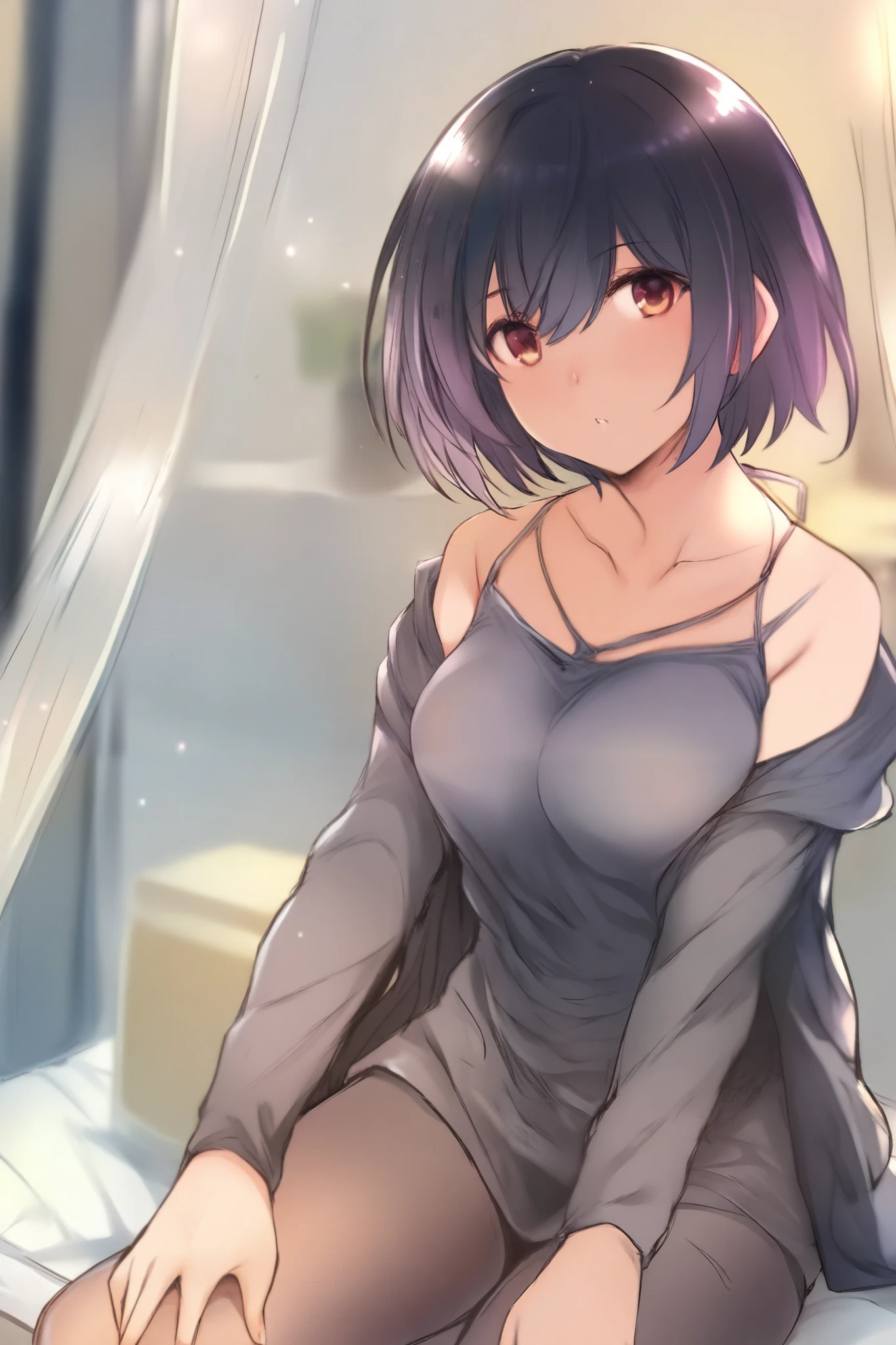((of the highest quality, 8K, masutepiece: 1.3)), Beauty, hide face, 1 girl, Beautiful: 1.3, Slender Abs: 1.1, Camisole, cleavage, Short black hair , (While sitting on the bed), hyperdetailed face, very detailed lips, Detailed eyes, Double eyelids