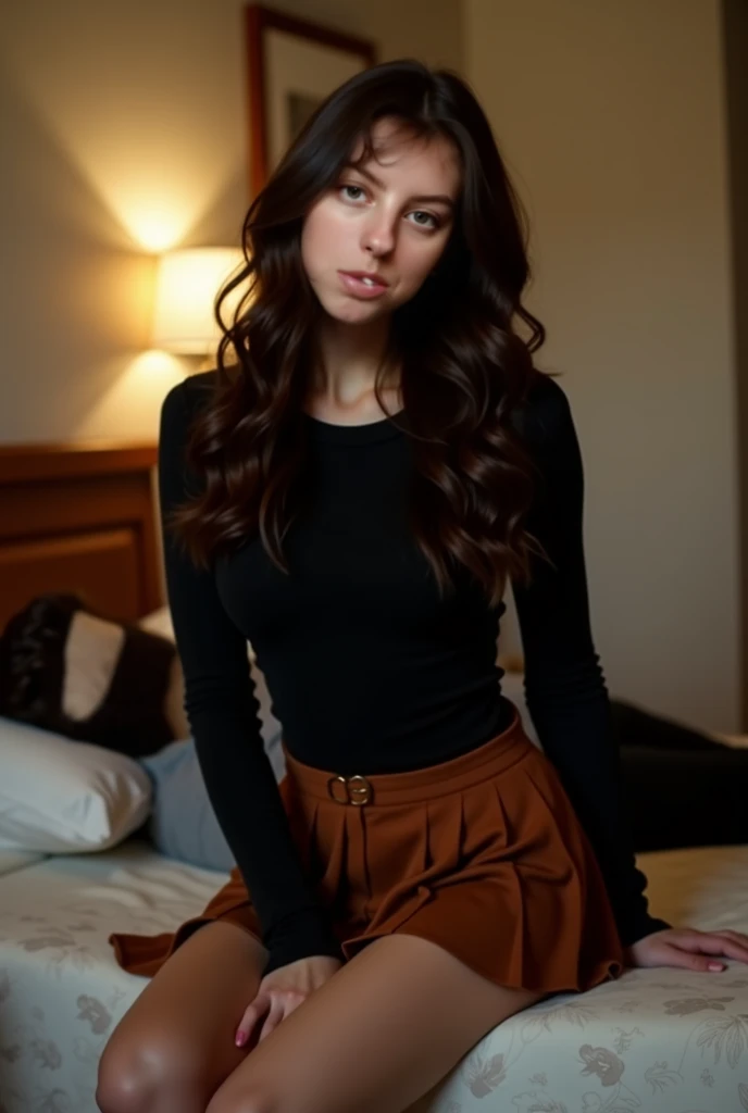 girl beautiful with long dark brown hair, riding an big dildo