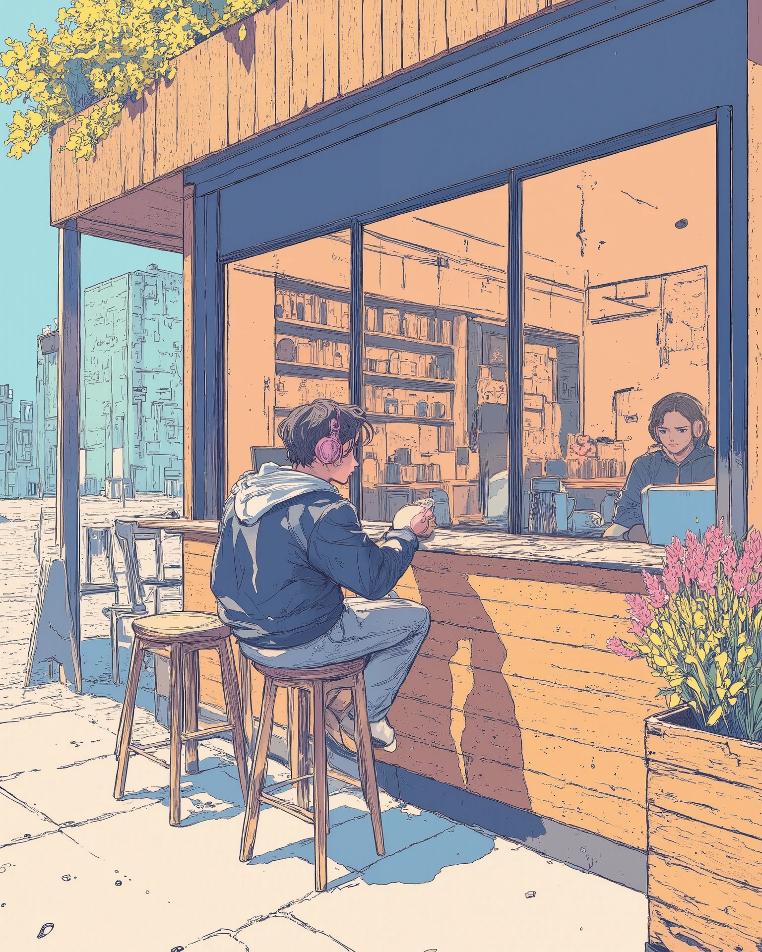 A cozy modern café with a wooden facade and large glass windows reflecting the urban street outside. A young person sits on a wooden stool at the counter, facing away, wearing a navy blue hoodie with a white hood and casual gray jeans. They have short dark hair and are wearing pink over-ear headphones. The café interior is warmly lit, showing shelves with coffee cups, jars, and a minimalist menu board. A small wooden planter with vibrant pink flowers is placed near the entrance. The sidewalk has subtle shadows from a nearby tree with lush green leaves. The atmosphere is calm, peaceful, and has a soft lo-fi aesthetic, perfect for a relaxing city scene."