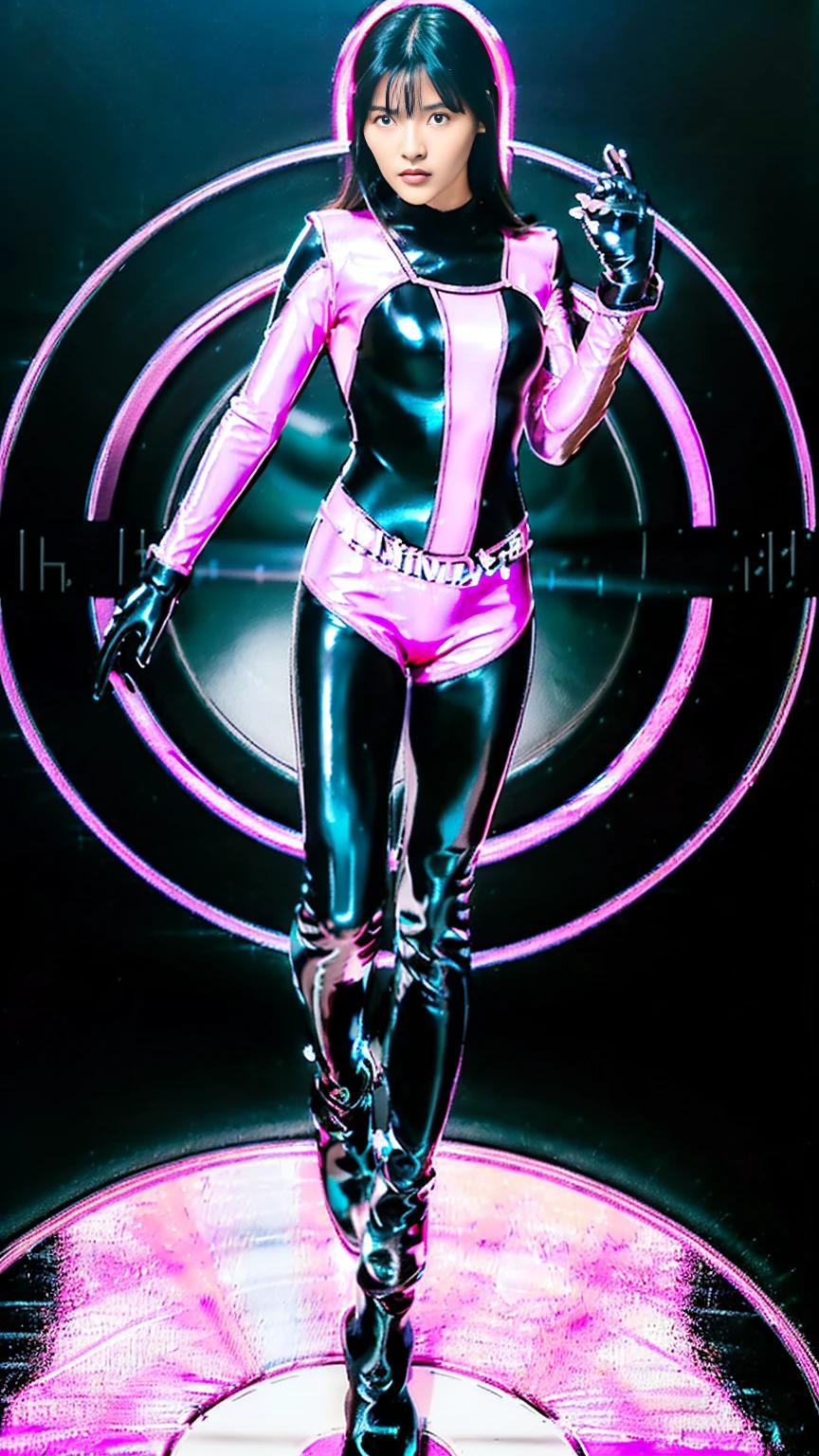 Beautiful woman, Neon Dreams: Outfit: Play with neon colors, hot pink, form-fitting dresses with cutouts, topless, Theme: Futuristic, cyberpunk, nightlife, or an homage to the 80s. Use neon lights, metalic backdrops, or holographic effects in the background. Pose: playful.
