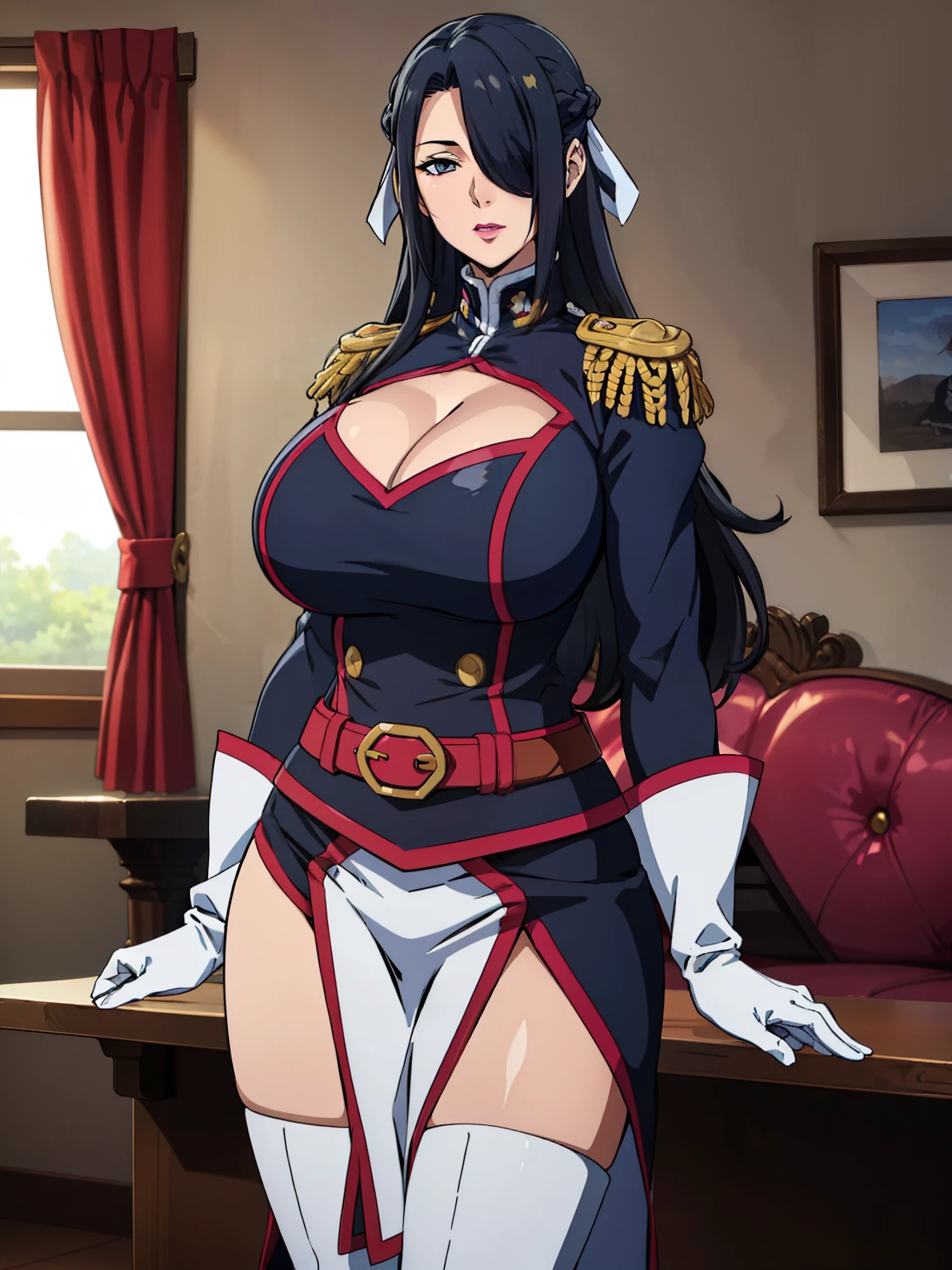 standing, livingroom background, AzumaFubuki, anime cels style, best quality, high resolution, 1girl, (huge breasts:1.2), beautiful face, long hair, hair over one eye, black hair, hair ribbon, military uniform, cleavage cutout, epaulettes, white gloves, pelvic curtain, thigh boots, cowboy shot, pink lipstick