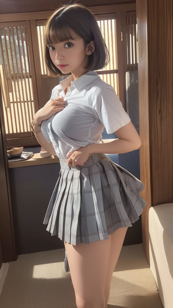Shyness、smile、((NSFW))、((camel toe))、((female organ:1.1))、(masterpiece, best image quality:1.2), 8k, beautiful girl, (When I lift up my short navy blue skirt, you can see her naked lower body.、I can see your crotch:1.8)、short sleeveの白シャツ、cute face、 body shot、school uniform、 (navy pleated skirt:1.1)、thighs、short sleeve、sunset、orange light、Tucked up skirt