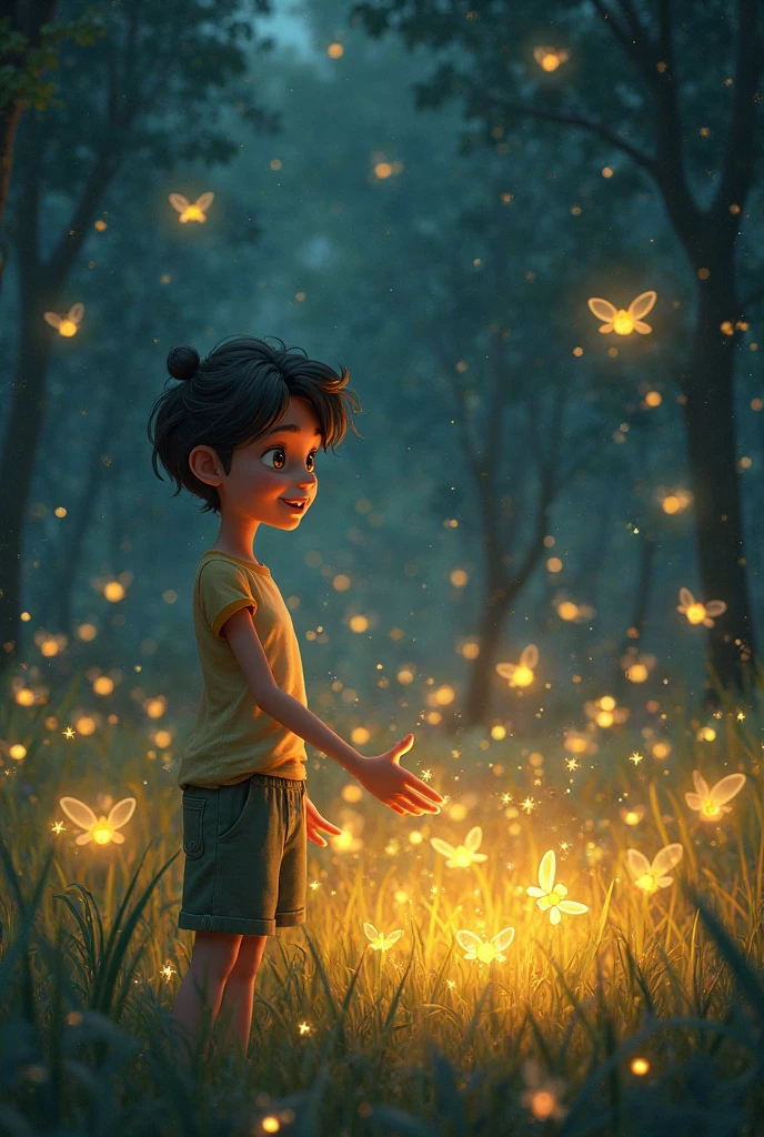 A young boy, Kiko, with short black hair and wearing green, rugged clothes, the darkness of the forest, a small, glowing firefly named Potpot hovers in front of Kiko. The firefly's light softly illuminates Kiko's tear-streaked face, capturing the moment when Kiko spots Potpot for the first time.