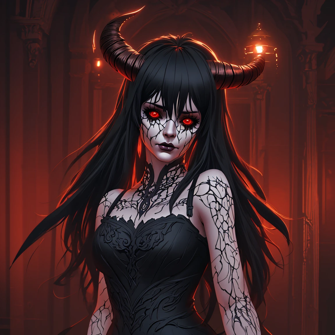 24yo chinese woman, wicked smile, suit, horns, dark room