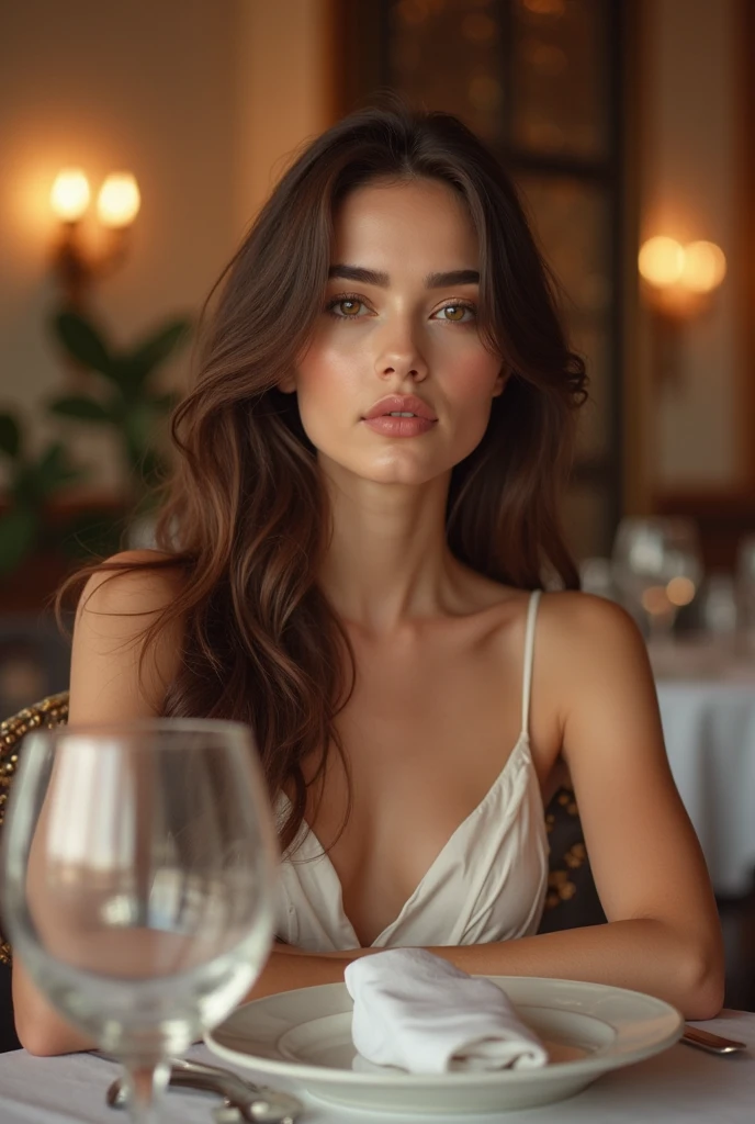 Create a scene of a 20-year-old woman, brown hair , who enjoys an elegant dinner in an upscale restaurant, mit exquisitem Dekor. Oil painting, Restaurant-Dinner-Stil, Inspiration for dinner paintings, pixiv, Kulinarische Details, candle lighting, Introduce a subtle flare effect, to add a touch of realism and atmosphere to the scene