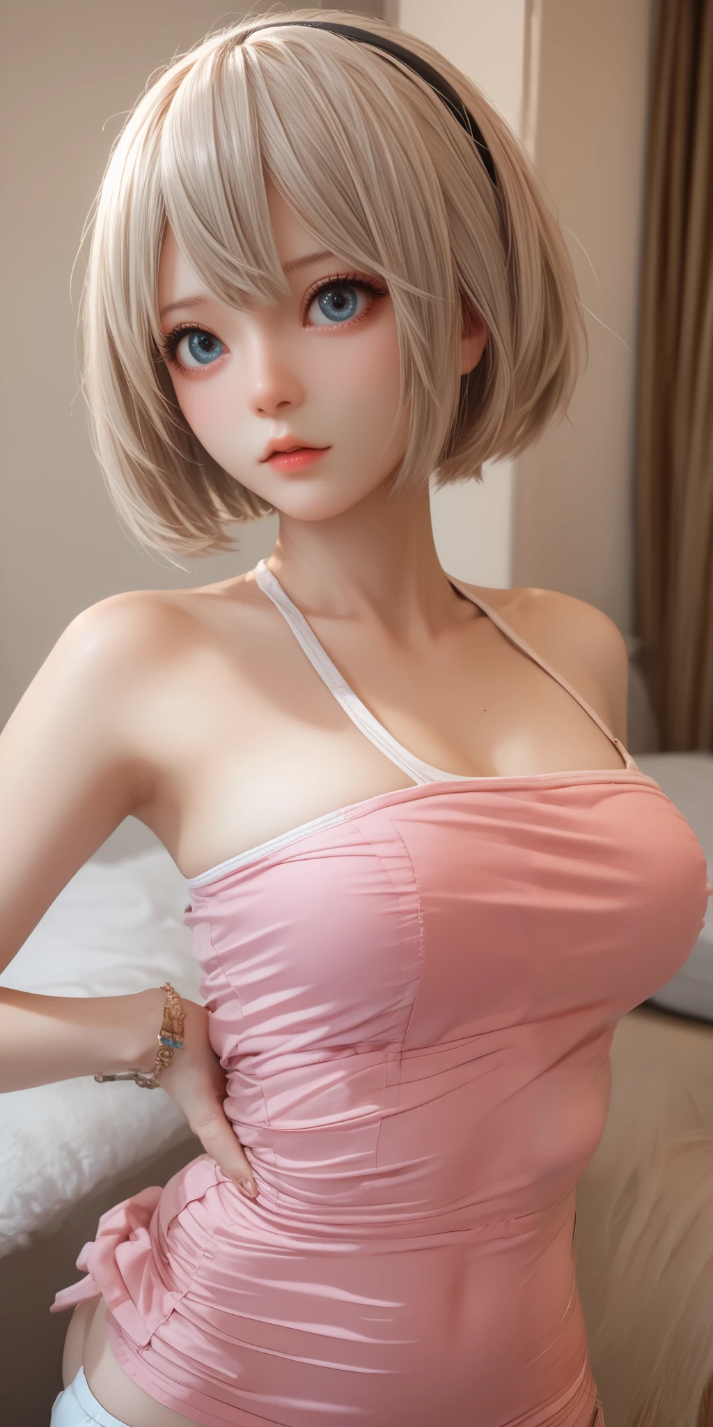 Short white hair, (a girl kneeling on a pink bed, delicate necklace, best quality, super high definition, RAW photo, photorealism: 1.25), (bright lip gloss, long eyelashes, smooth face, bright skin, natural shadows, wide lighting, wide lighting, depth of field, strong colors, subtle caustics: 0.8), smiling, (big breasts), white underwear, black stockings, sheer black skirt, secretary, pillow between legs