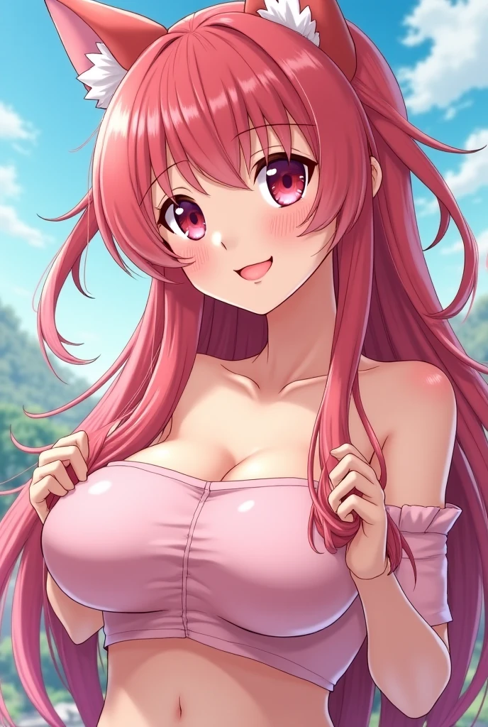 (masterpiece, 4K, Best Quality, Anime style: 1.9, bold drawing lines, High color saturation, Detailed face, tall, Adult Woman, lovely, (cloud background), Drawing lines, high resolution, Anime, lacus4), 1girl in, Solo, curvy figure, Long hair, 鎖骨, scapular, Wavy Hair, Detailed wide hair bangs, Hair Ornament, Detailed reddish-pink hair, cleavage, large hands, Big blue eyes, Smile, closed mouth, Very happy, closed fists, (laughing, open mouth), ((medium breasts)), (wrestling gear, strong arms, biceps, rib lines, lip stick, (lean forward)