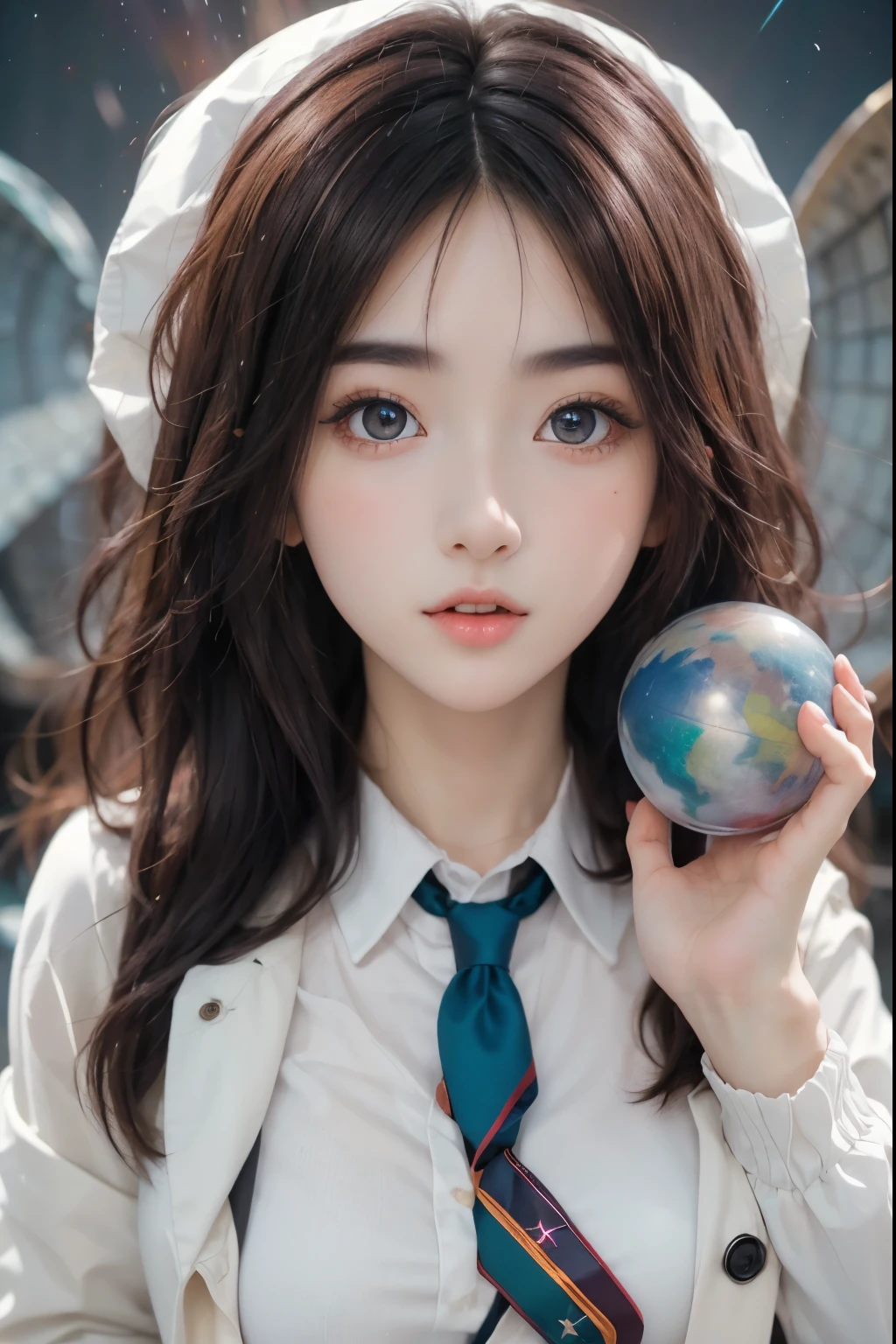 a girl with long multicolored hair, A magic girl, sphere of light , 1 chica sexy, short skirts, dark socks, magic, a magic woman, in front, hand with a sphere, Blue trench coat, detailed face, gray eyes, Full moon in the background, surprised, Green Magic Portal,