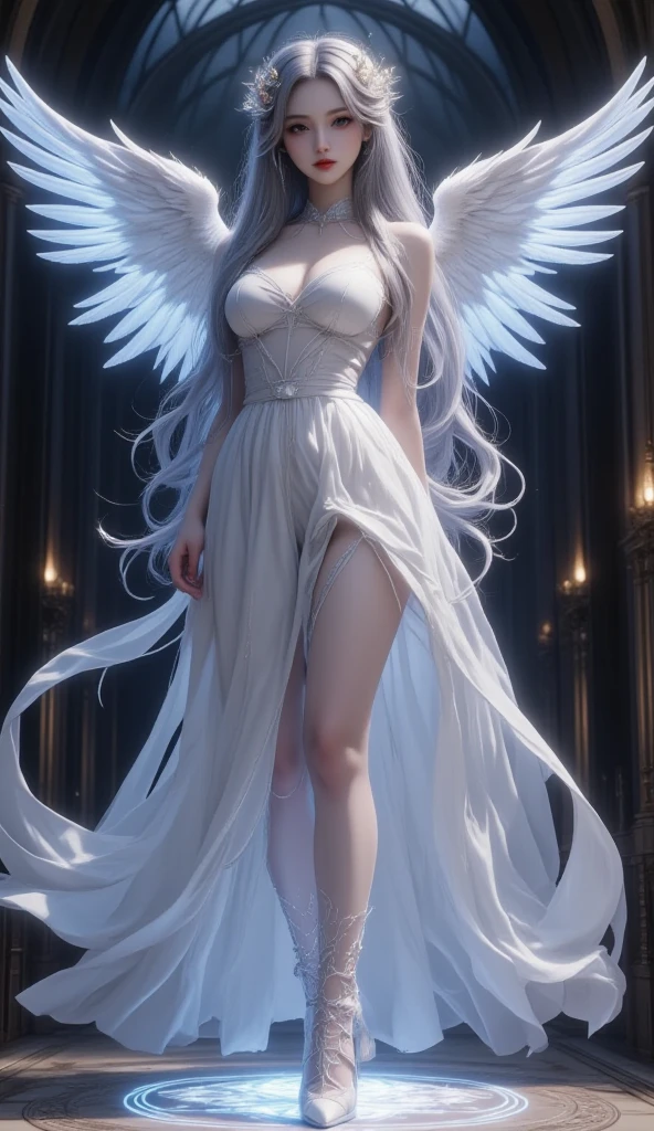 pintura de uma mulher com cabelos brancos e asas de anjo em um vestido branco, Ross Tran 8 K, inspirado em Ross Tran, Arte do WLOP, menina bonita do anjo do ciborgue, tall female angel, Rossdraw 1. 0, Wlop Ross, Anjo majestoso de corpo inteiro, Estilo Ross Tran, rossdraws global illumination, RossDraw pintura digital, Rossdraw 2. 0