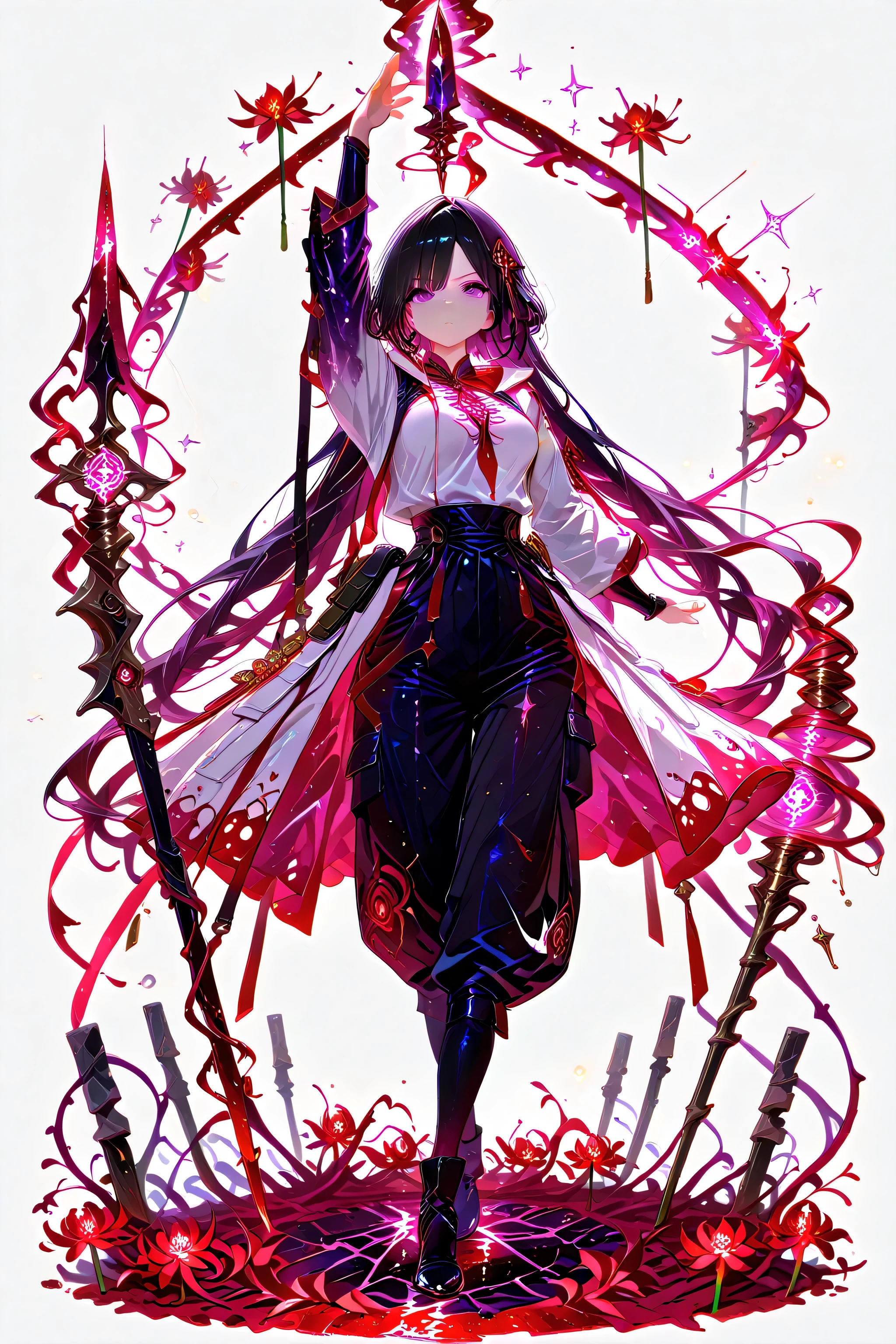 (masterpiece, best quality), amazing quality, very aesthetic, absurdres, newest, HDR, 8K, high detail RAW color art, gacha splash art, 1girl, purple eyes, multicolored eyes, black hair with pruple streaks, very long hair, medium breasts, long sleeves, black corsett, black cargo pants with side pockets, black boots, solo, dynamic pose, holding a gun, cool pose, ((red vines on weapon)), surreal, white background, blood, splattered bood, red spider lilies, magical, fantasy, magic, glittering, glow, chromatic aberration, glowing particles,, clear eyes, perfect eyes, perfect anatomy