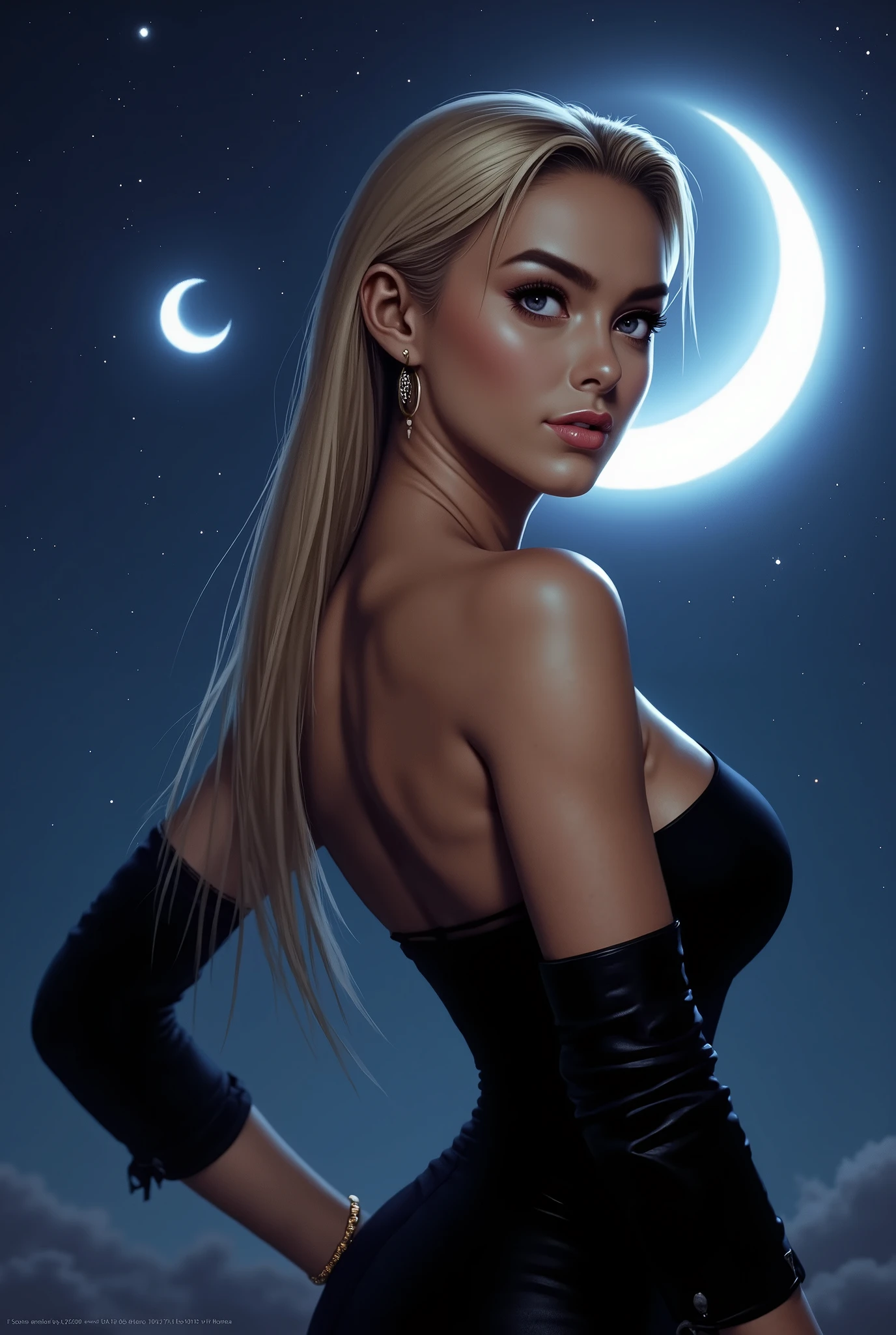 moon, 1girl, full moon, solo, strapless, strapless dress, dress, sun, crescent moon, blonde hair, slick back hair, (forehead), bare shoulders, earrings, black dress, lips, makeup, looking at viewer, circle, (huge breasts)