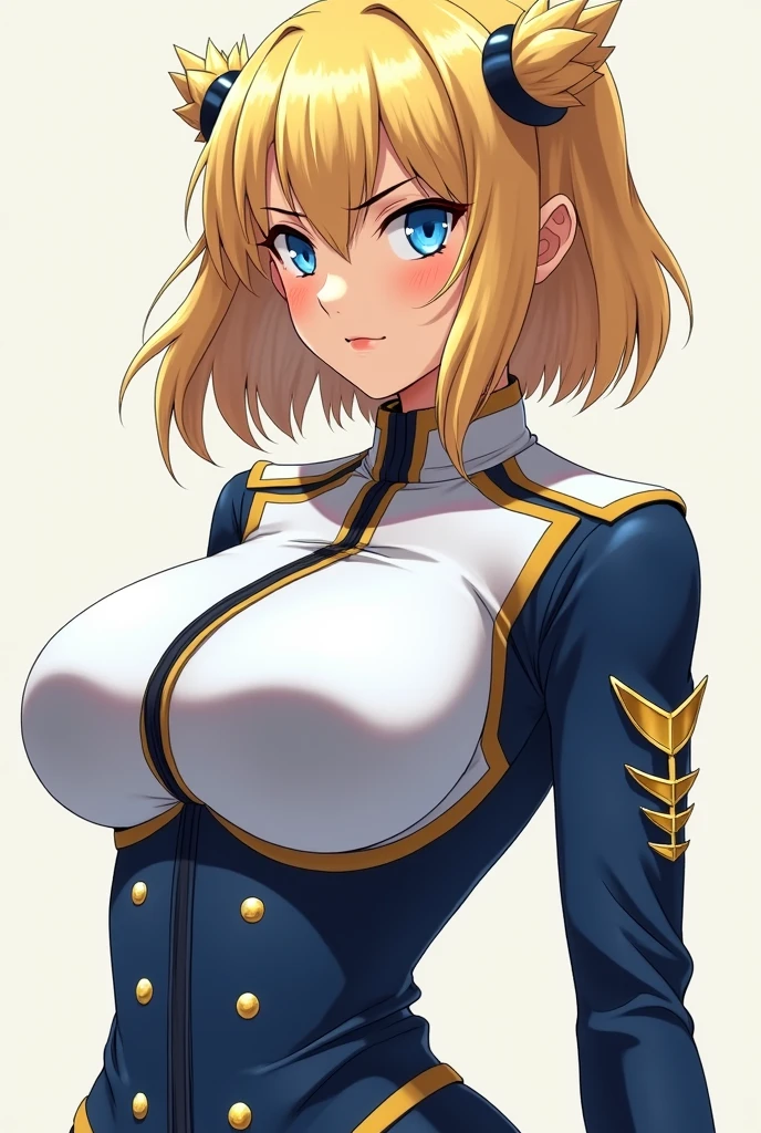 <lora:VaultGirlV2-000012:1>, VaultGirl, blue_and_yellow_Vault_Jumpsuit, Unzipped_jumpsuit, black_bikini, 1girl, breasts, blonde_hair, swimsuit, solo, bikini, navel, huge_breasts, black_eyes