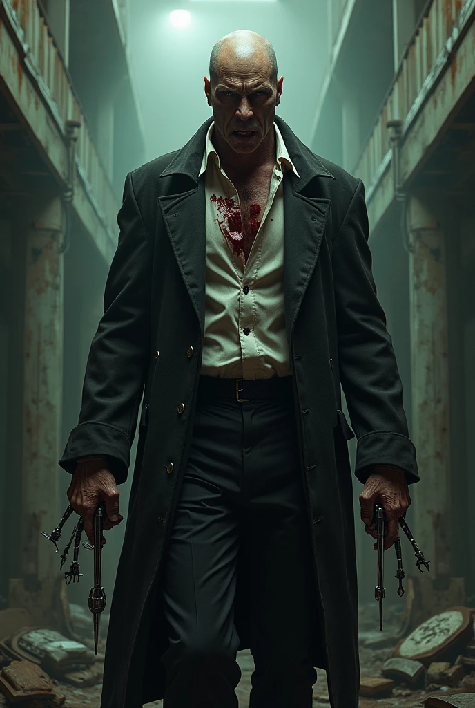 A painting of a full-body man, middle aged man, dark clothes, dark pants, dark shoes, dark jacket, White shirt, really messy with blood on his face and head., Butcher shop, Science - Horror Fiction Art, Sci-Fi Horror Artworks., inspired by Aleksi Briclot, Crocs de Butcher shop, Horror fantasy art, but Alexi Briclot, horror concept art, poison, Fantastic art and horror., Detailed illustration of 4K horror, dark fantasy horror art