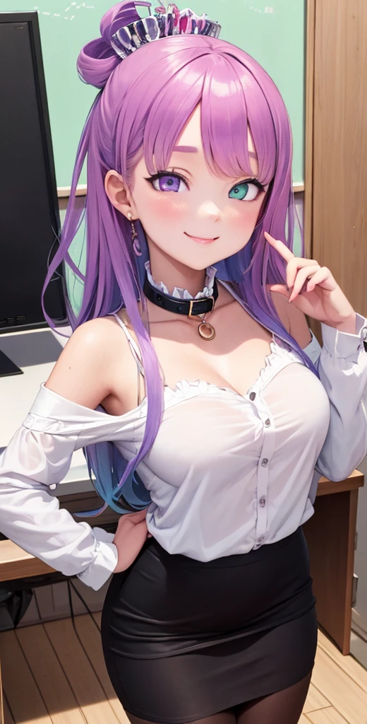 1girl (masterpiece, round_iris, extremely crisp crystalline shiny purple eyes, perfect_anatomy, extremely_captivating_hypnotic_mystic_eyes, ) perfect face, long pink hair, smiling evil, big breasts, wearing a skirt and bra, gamer girl, gaming room, dynamic pose, best quality, 4k