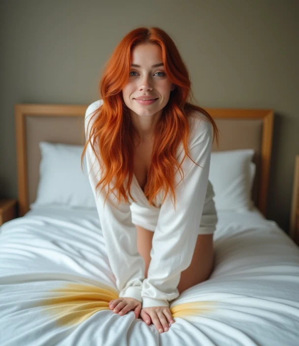 photorealistic image of a women, ultrarealistic, Photography, long red hair, women, 2, hourglass figure, perfect body, flirtatious look, natural medium breasts, she is naked, In the bedroom, in bed, she is laying in bed on her back, naked, Her legs are open, She has her eyes closed and her mouth open., she is moaning,Whole body.