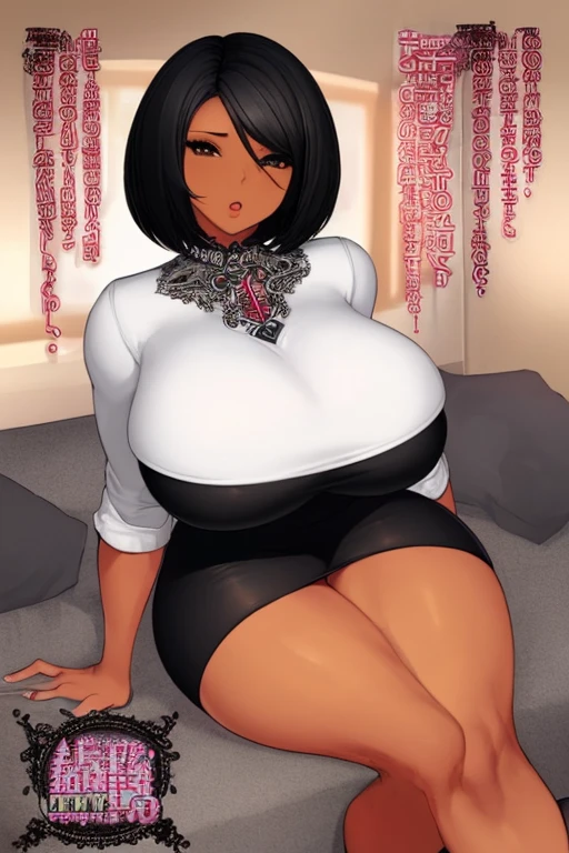 best quality,plump, Black hair, Light, delicate eyes, Sexy, c-chameleon,Short hair, short hair,business attire,black,Purple lipstick, White eyes, (huge_breast), (wide hips), big ass,(Thick thighs), slim waist, hourglass figure