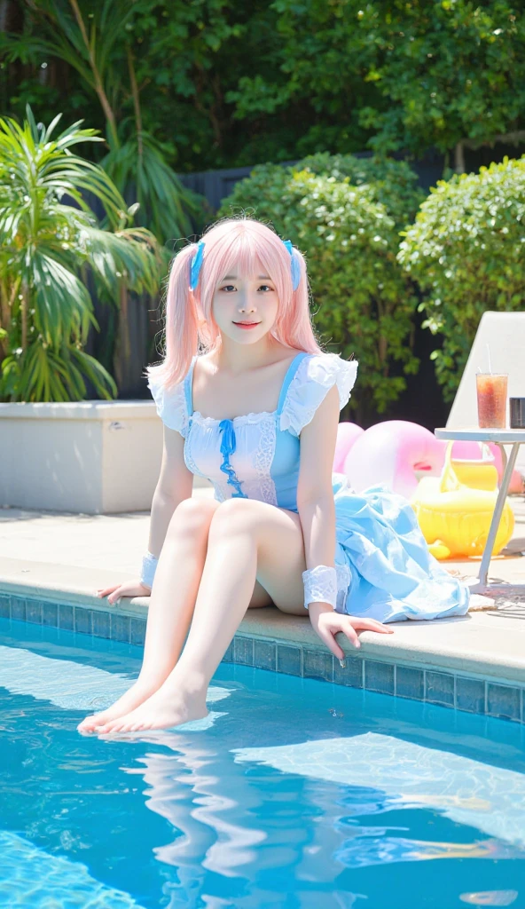 1人の女性、high-angle shot、25-years old、​masterpiece、top-quality、ultra-detailliert、the ground、japanes、a blond、（Curvaceous:1.4）、（（Happiness））、Opens mouth and laughs、gals、Big breasts、Contrasty、Green Slime AI、（White slime:1）、pink slime、Yellow slime、Light blue slime、White Slime Cave、maikurobikini、Sit on the ground、sitting with knees arised、Lame included、Neon Street