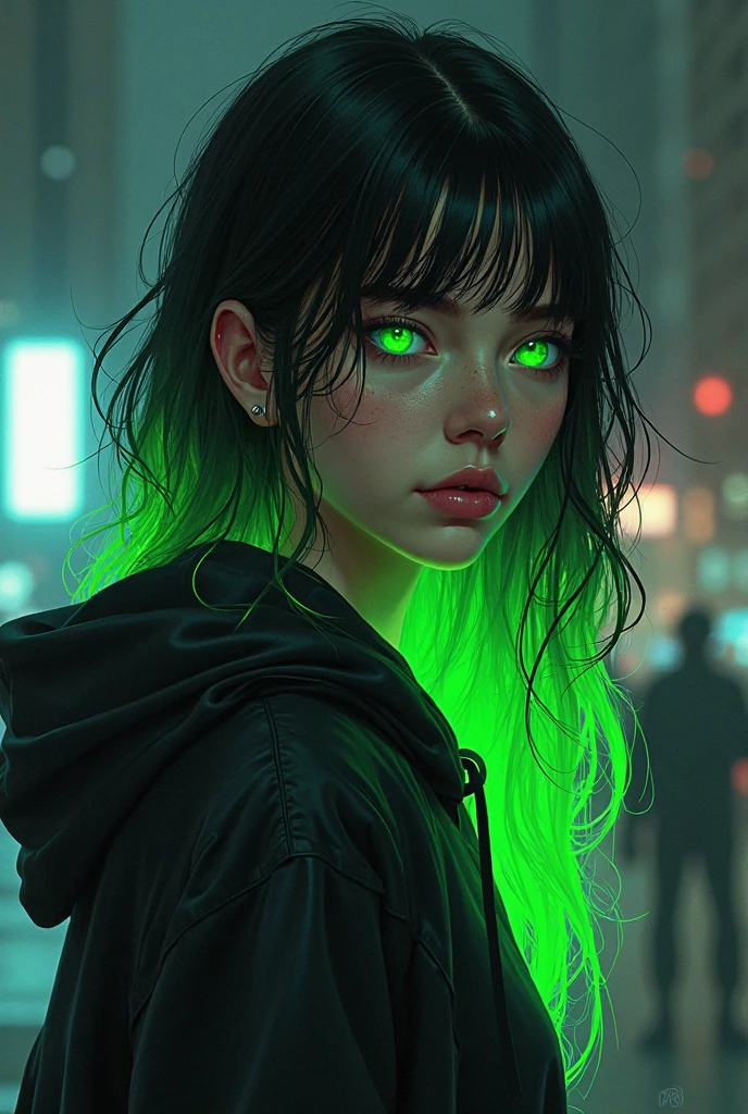 Cyberpunk-like green eyes, A girl with long black wavy hair, a green fluorescent ombre on the bottom of her hair, and a black hoodie.