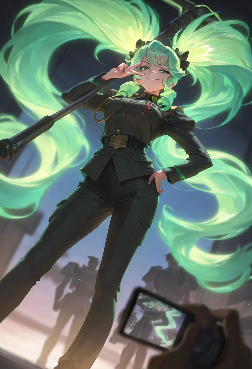 A  girl, Acid-green lush hair, Green eyes, black formal suit, hat on his head, Sword in hand