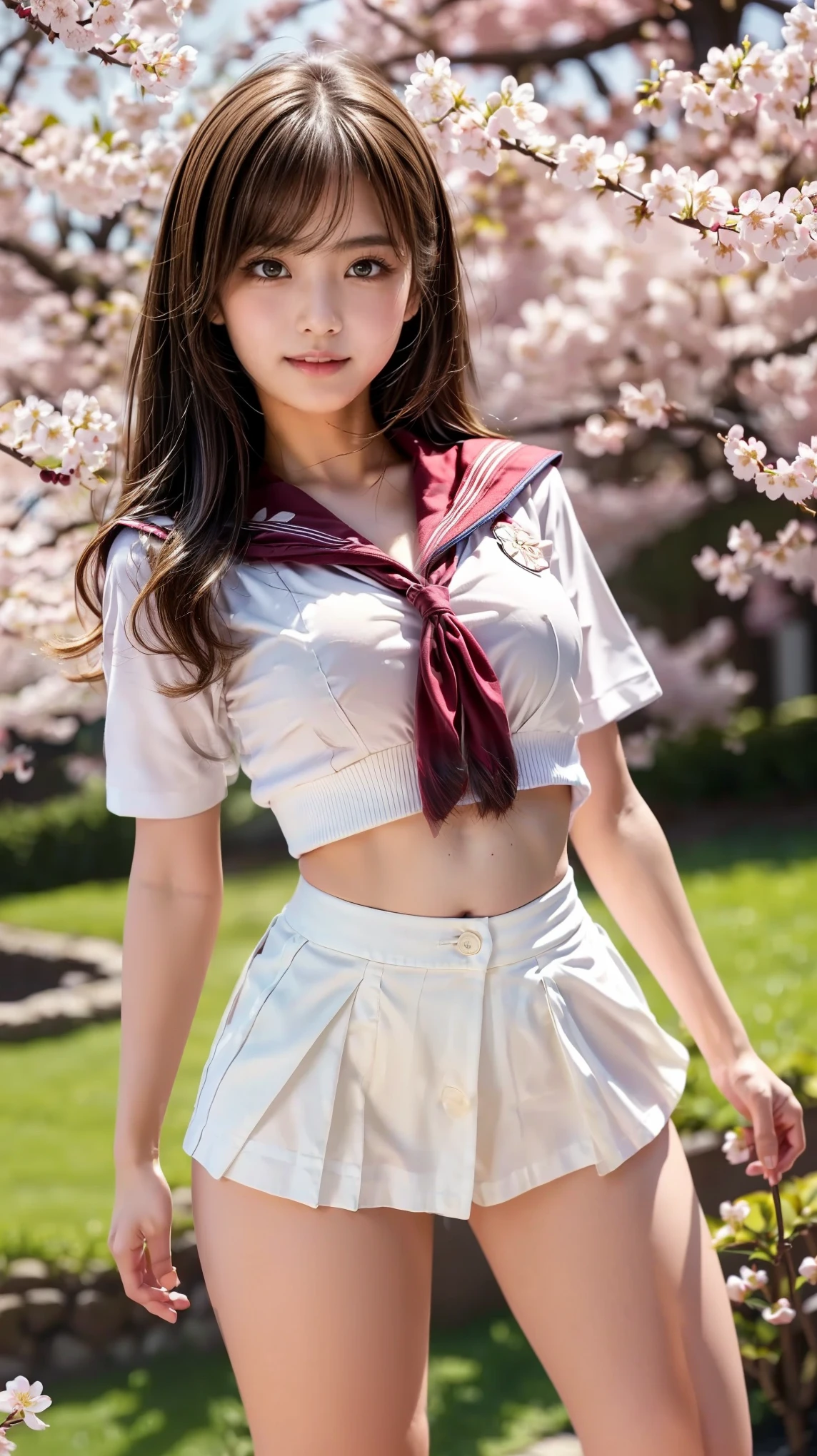 (high school girl sailor uniform:1.4),shirt,red tie,Cardigan,navy blue blazer,(Best Quality),((very detailed)),4K,(8k),masterpiece,very detailed,Best Quality, super resolution, sexy, 1 girl,1 person,152cm,(Background-Cherry Blossom Trees:1.4),very pretty face,cute type,baby face, slightly round face,glossy lips,sexy beautiful pink flower pattern,big, beautiful eyes,brown eyes,Obvious double, soft hair for cell phones,ung and beautiful Japanese woman,Beautiful asymmetrical bangs ,small smile,(white super super short miniskirt:1.4),(The miniskirt is too short and the pants are slightly visible:1.4),(high socks),(school-designated bag),(school-designated shoes),Soft light, RAW quality,Soft leather,(GROWING SKIN,made me sweat: 1.4),Beautiful Legs,plump thighs, balanced figure ,Big Breasts,(teeth、expresses the roundness and softness of the chest.....1),sexy,beautiful body line,(女sexualな体型), perfect figure),sexual,spread legs,(provocative dynamic poses in the stadium),skirt flip,viewers need attention,(beautiful pussy line in PU Japanese garden:1.3)