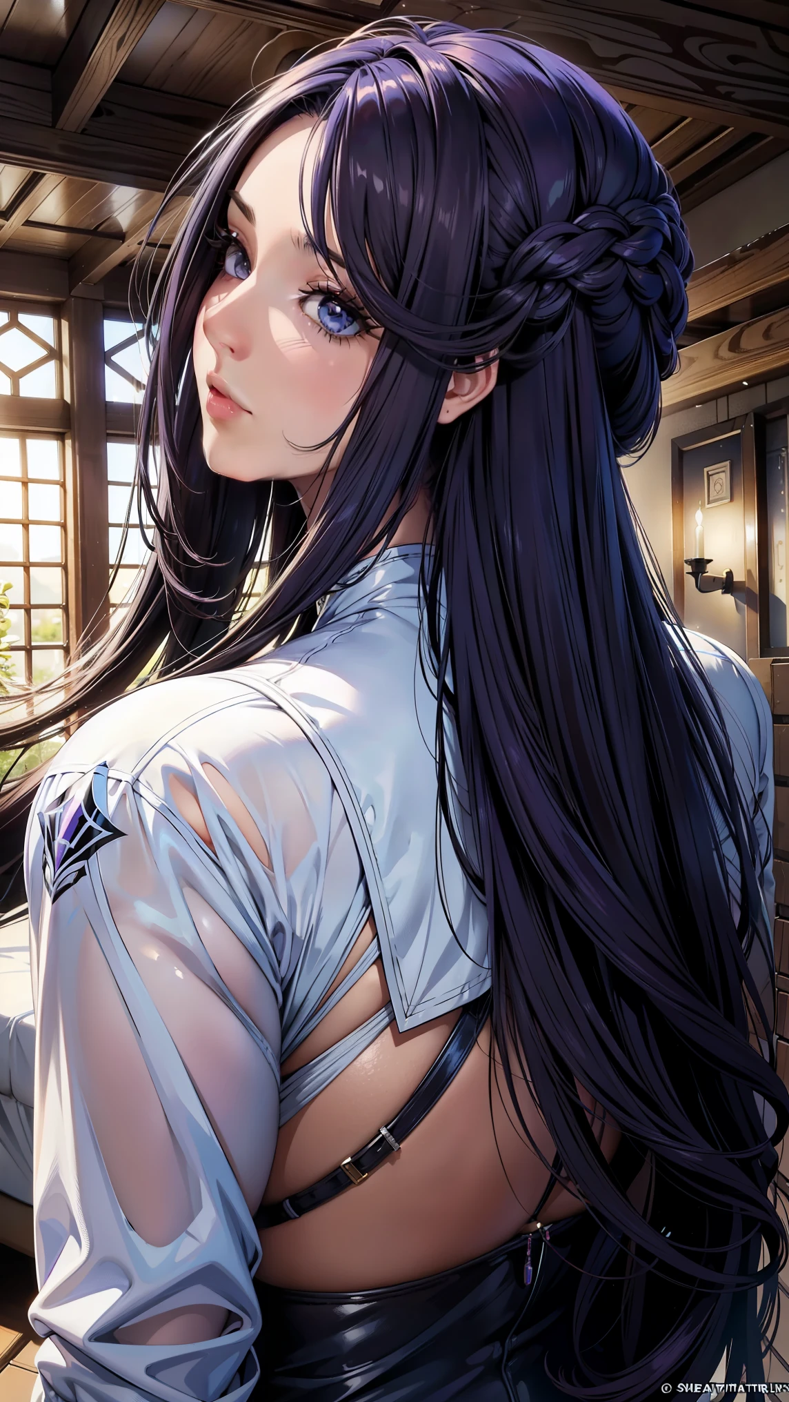masterpiece, best quality, BEAUTIFUL DETAILED HAIR AND DETAILED FACE, Perfect Feminine Face at Lily Flower Farm, (happy:1.2), open your mouth, smile, (close-up portrait:1.2), Focus on Your FACE, Beautiful and cute Warframe woman with glowing purple hair, purple neon lighting , ( Sci-fi Cyberpunk Bodysuit ), Alone, 1 girl, stupid hair, side hair, very long hair, shiny skin, Shiny Forehead , lens flare, sharp concentration, Volume Lighting, Popular on Artstation, ピクシブ, by sakimichan, George Kamitani , Akira Yasuda, Alphonse Mucha, Greg Ratkowski, Gil Elvgren, William Adolphe Bouguereau, Thighs, thick legs, big butt, rich style