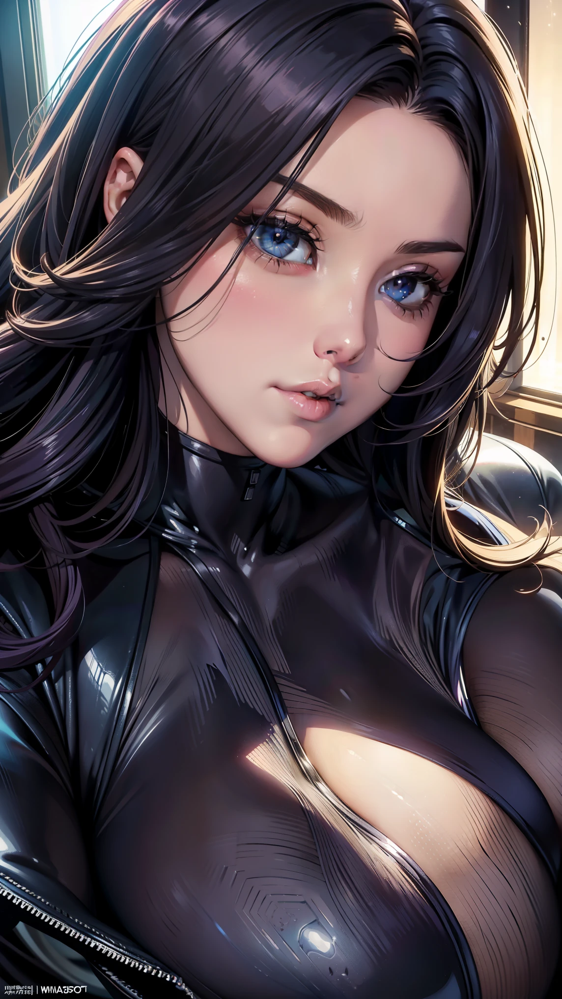 masterpiece, best quality, BEAUTIFUL DETAILED HAIR AND DETAILED FACE, Perfect Feminine Face at Lily Flower Farm, (happy:1.2), open your mouth, smile, (close-up portrait:1.2), Focus on Your FACE, Beautiful and cute Warframe woman with glowing purple hair, purple neon lighting , ( Sci-fi Cyberpunk Bodysuit ), Alone, 1 girl, stupid hair, side hair, very long hair, shiny skin, Shiny Forehead , lens flare, sharp concentration, Volume Lighting, Popular on Artstation, ピクシブ, by sakimichan, George Kamitani , Akira Yasuda, Alphonse Mucha, Greg Ratkowski, Gil Elvgren, William Adolphe Bouguereau, Thighs, thick legs, big butt, rich style