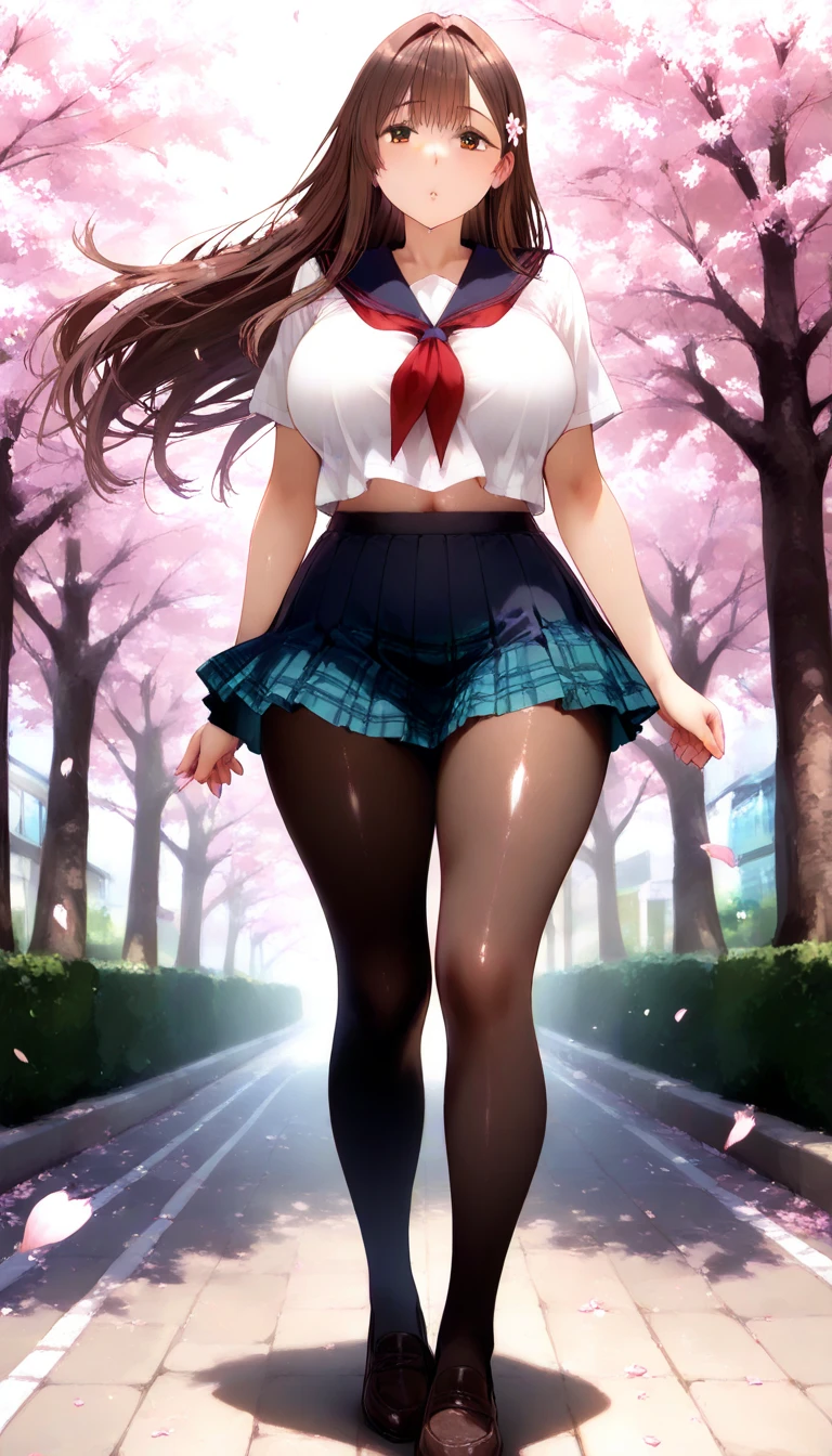 best quality,1girl,((big breasts:1.5)),curvy,orgasm,ahegao,blush,arms behind back, Blue eyes, bow, white , brown hair, red bows, collarbone, hair intakes, hair ornament, letterboxed, long hair, looking at viewer, pleated skirt,((school uniform)), serafuku, skirt, smile, 独奏, big bows,mini skirt,((lift skirt,upskirt,white panties,lace panties)),black thighhighs,pussy juice,full body,forest,forest林,walking