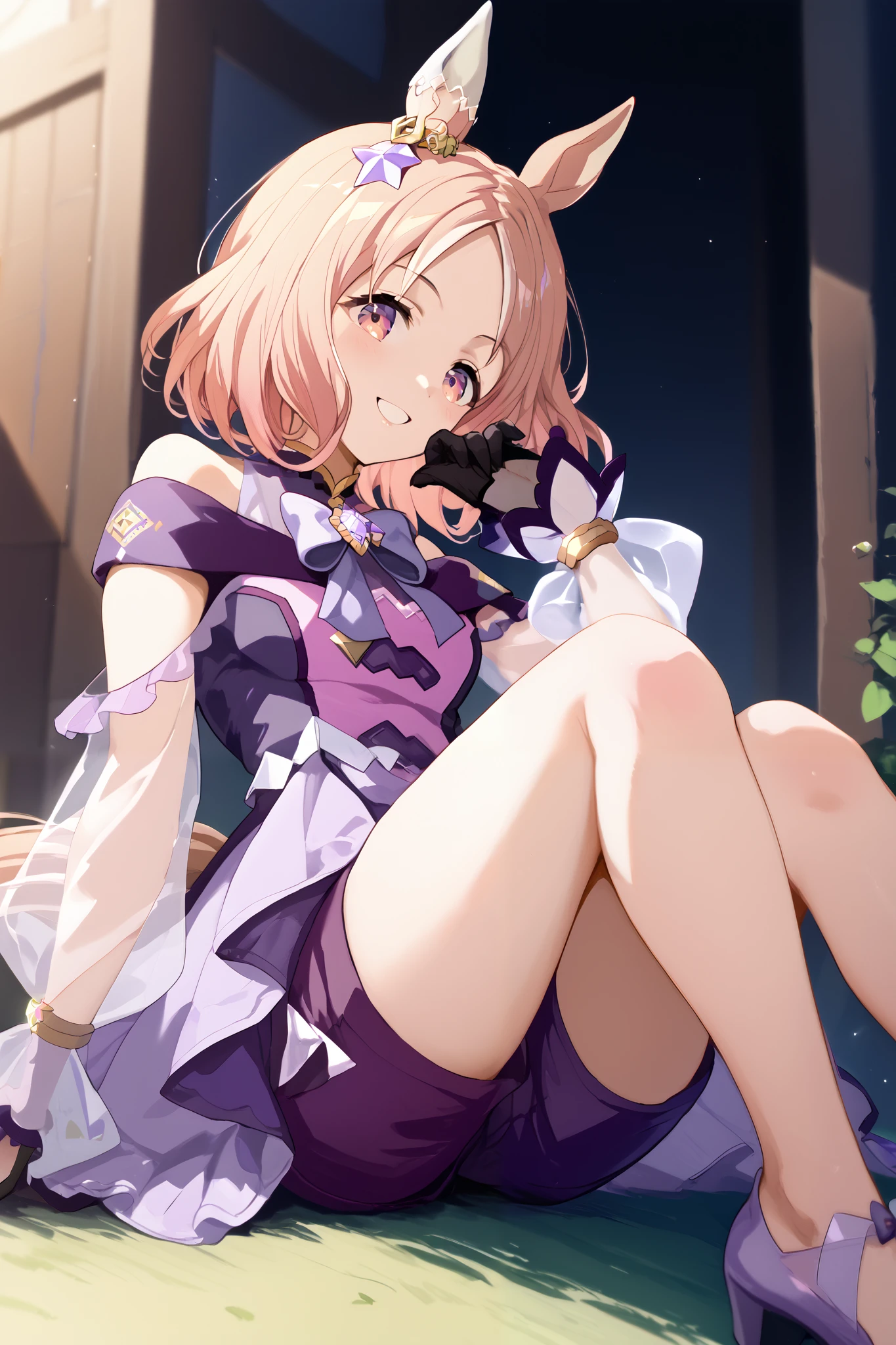 Narita, horse tail, short hair, animal ears, ear ornament, ear covers, single ear cover，purple dress, off-shoulder dress, purple bow, long sleeves, see-through sleeves, black gloves, purple shorts, thigh strap,  shoulders，1 girl, Alone, anime style，cute girl,best quality, super detailed, anime style，8k, high resolution, detailed images，precise face，high quality of wavy lines，high image quality，（racecourse lawn），（（sitting on the ground）），（（stretch one leg and stand on one knee）），（an up image of the character），（（The face is close to the knee）），（kind smile），and my cheeks are dyed slightly red，morning，morning日がキラキラと降り注ぐ，（ image viewed from the side），（（smooth thighs）），（（holding the knee with both hands）），（An upshot from the thigh），