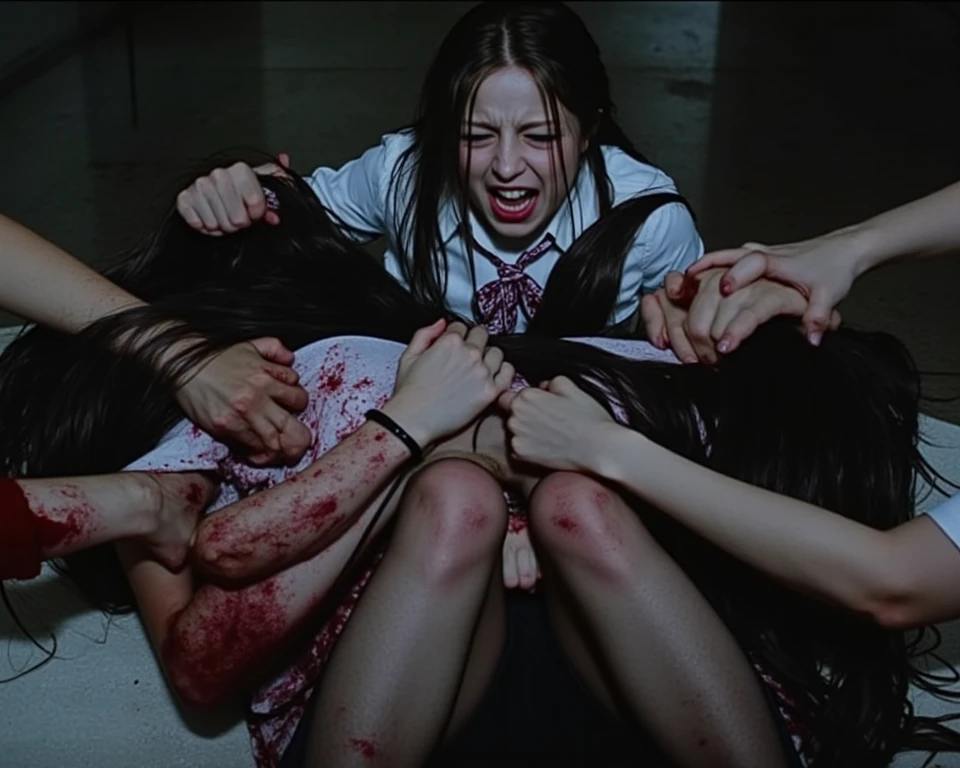 An ultra-realistic detailed photograph: Horror scene, satanic ritual. Sexual scene of two people wearing saints' clothes.