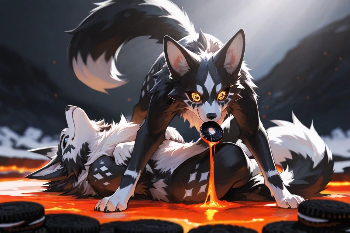 Masterpiece, High quality, best quality, best details, anime artstyle, 2d lineart, anime 2d lineart, Furry, protogen, black fur, fluffy fur, yellow ears, yellow eyes, fluffy fur, white fluffy shark tail, black desert and black sands on background, nudes, big hips, pussy, nsfw, on black dunes, black desert, a astral Schism in sky,